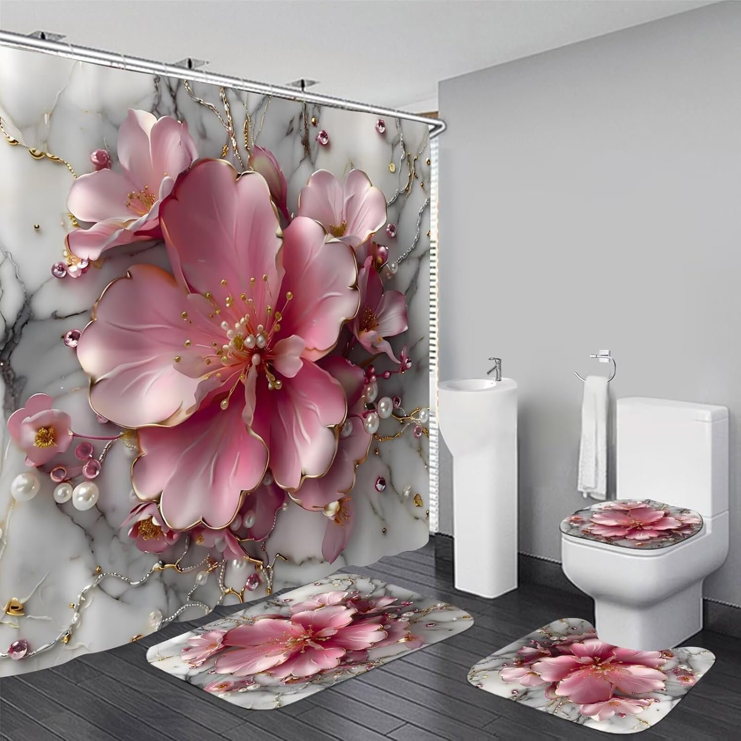 AZHM 4Pcs Pink 3D Floral Bathroom Shower Curtain Set Modern Marble Shower Curtain and Rugs Spring Flower Bathroom Set with Accessories and 12 Hooks