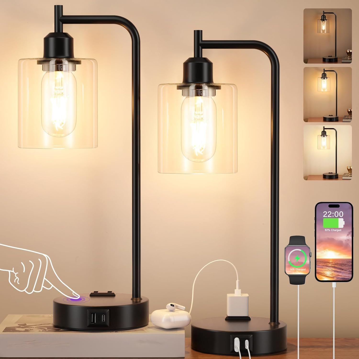 Industrial Touch Table Lamps for Bedrooms Set of 2 – 3-Way Dimmable Nightstand Lamps with USB C+A Ports and Outlet, Black Bedside Lamps with Glass Shade for Living Room, Desk Lamps for Home Office