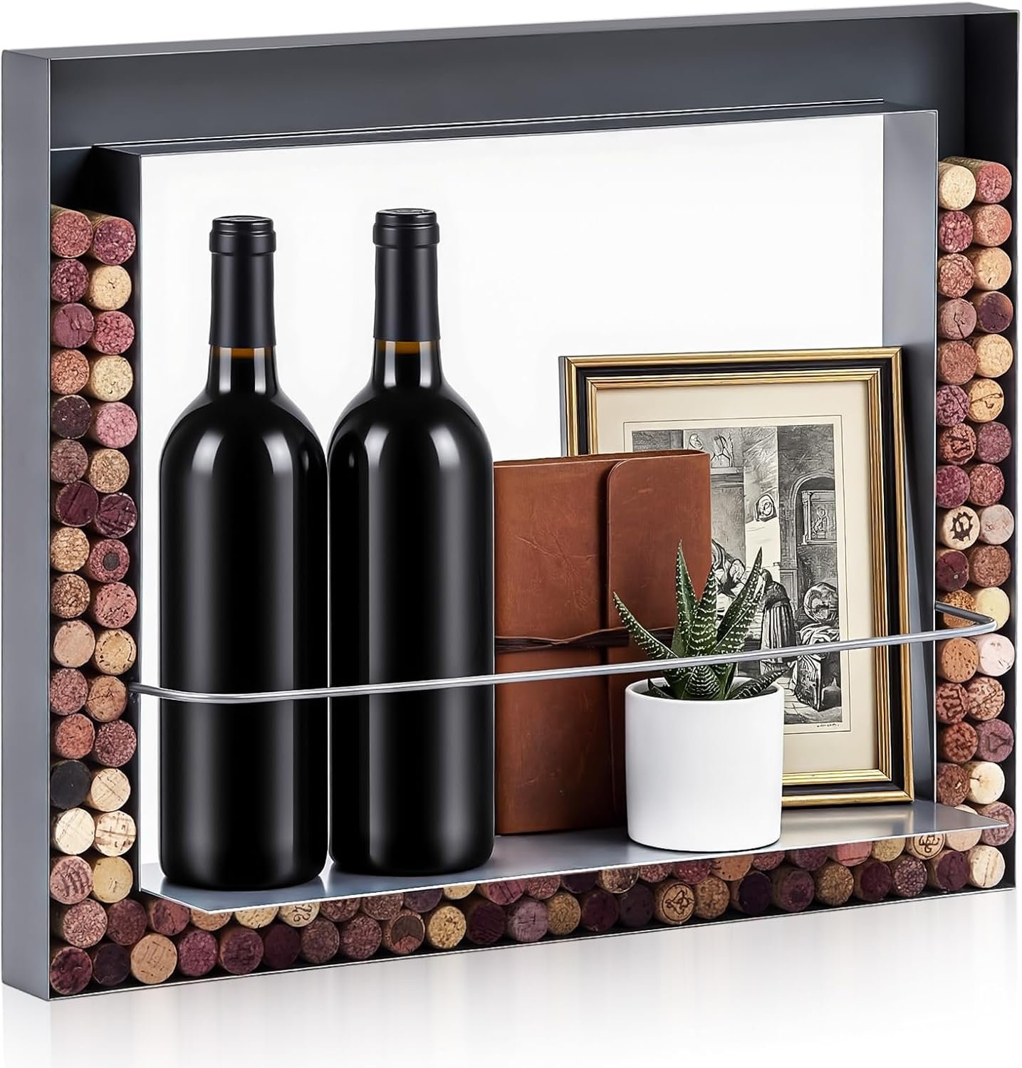 Domensi Wall Mounted Wine Rack with Cork Holder 22″ x 18″ Metal Retro Bar Shelf Decorative Wine Bottles Display Wall-Mounted Storage for Home Kitchen Dining Room Bar