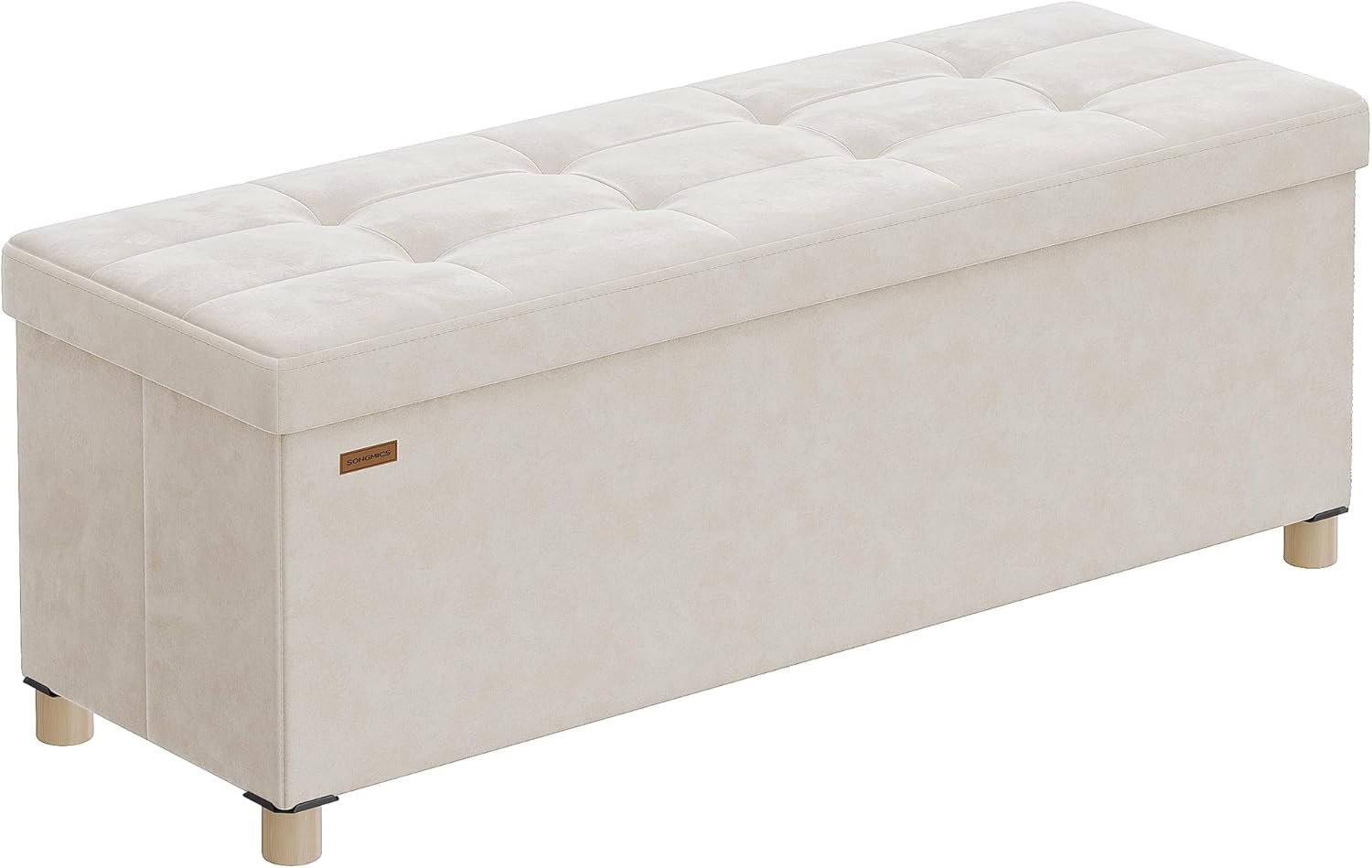 SONGMICS Storage Ottoman Bench, Folding Storage Chest, 15 x 43.3 x 15.7 Inches, Foot Rest Stool, 30 Gal. (112 L), Velvet Surface, for Bedroom, Entryway, Living Room, Cappuccino Beige ULSF0518W02