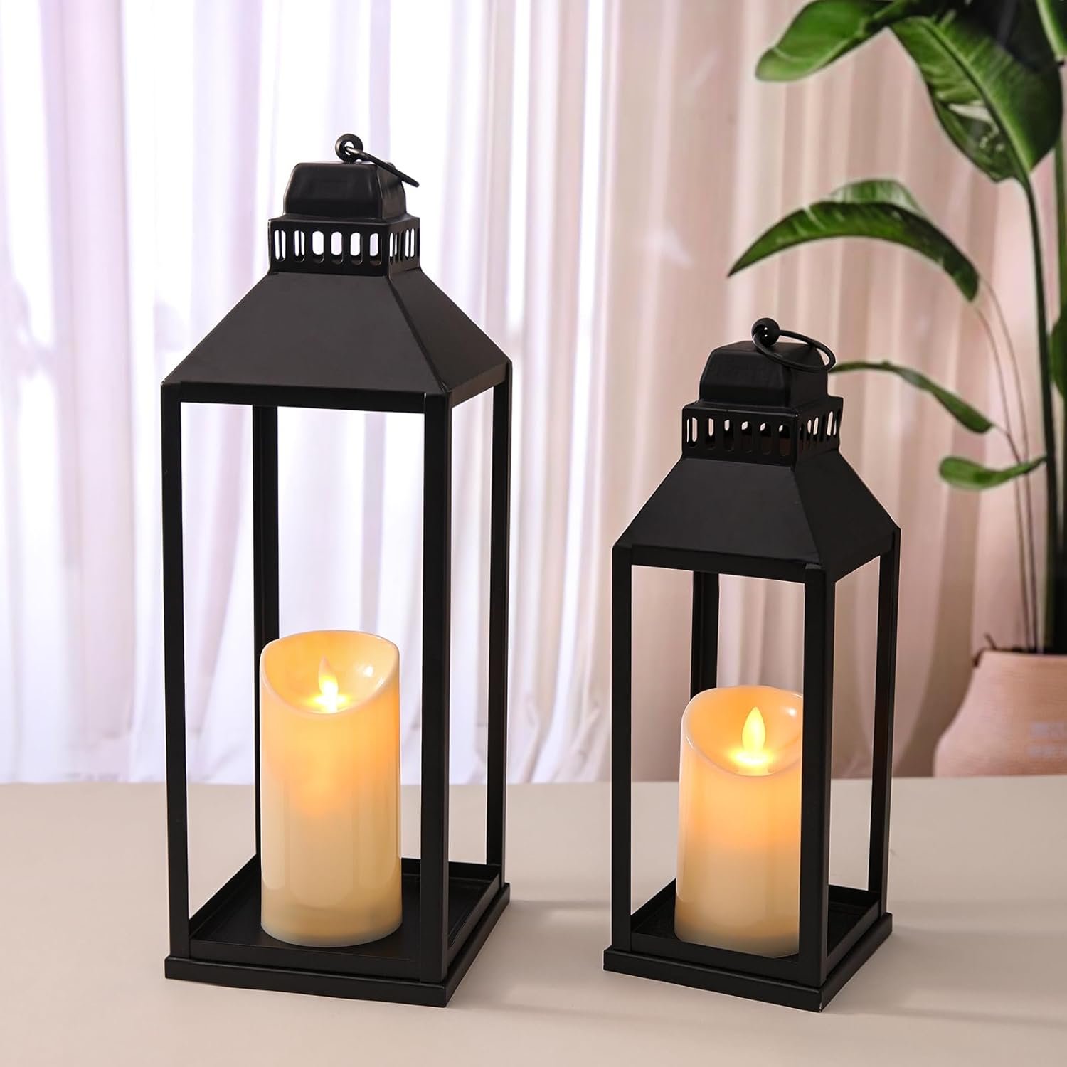 MATAHUM 17″ 13″ Lanterns Decorative Indoor Outdoor, Set of 2 Modern Farmhouse Metal Black Lantern with Candles, Boho Rustic Decor Decorative Lanterns for Mantle, Fireplace, Patio, Porch, Home Decor