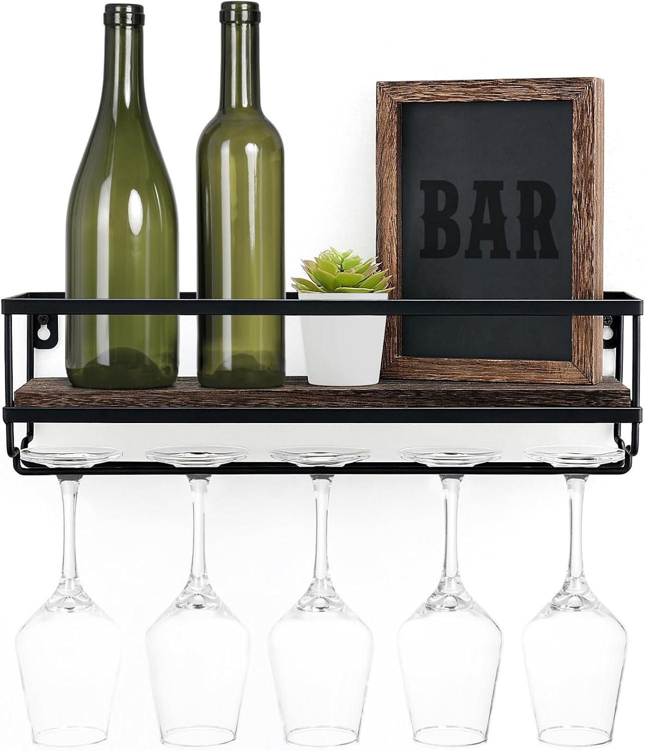 Mkono Wall Mounted Wine Rack – Bottle & Glass Holder Wood Rustic Floating Racks with Stemware Hanger Modern Plants Photos Wine Bottles Display Wall Storage Shelf for Kitchen Dining Room Home Bar