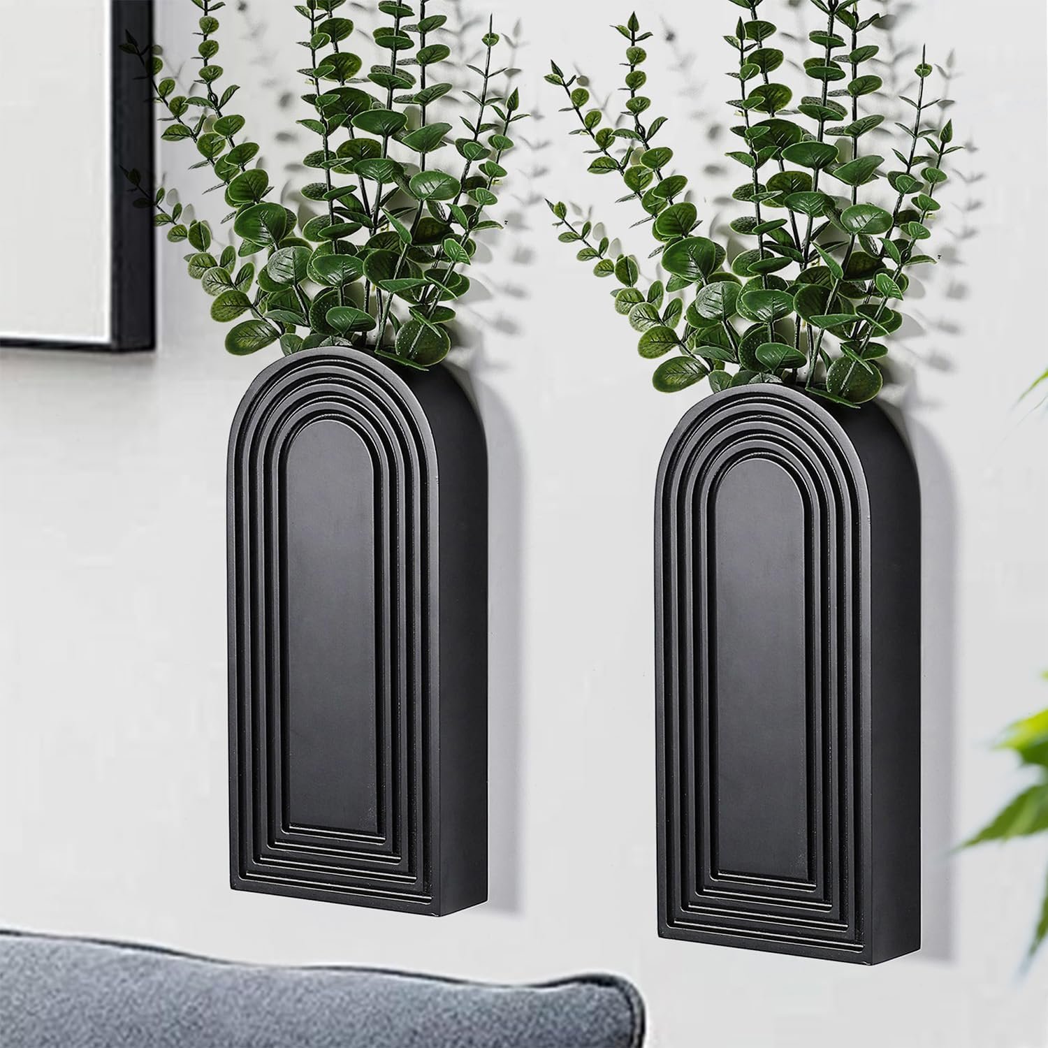 Dnnnii 2 Pack Wooden Wall Vase Set – Black Finish Modern Farmhouse & Boho Wall Decor for Entryway, Hallway, Bathroom, Living Room, Dining Room, Narrow Spaces