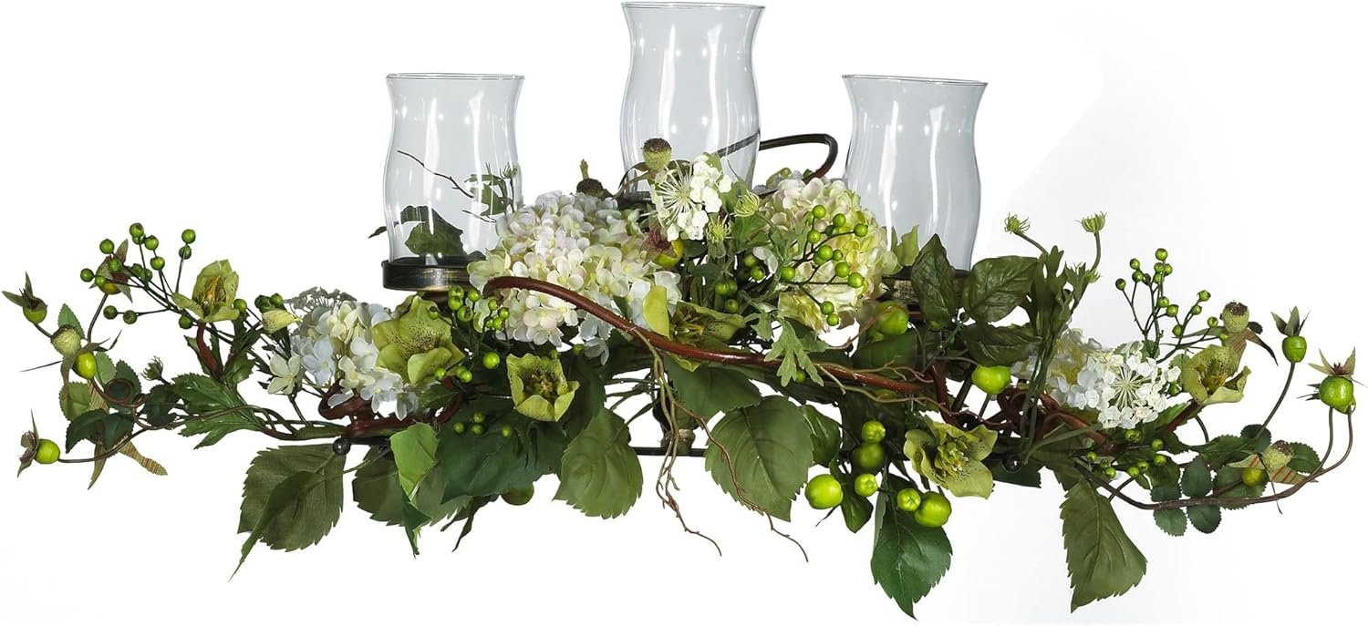 Nearly Natural 4634-CR Hydrangea Triple Candleabrum Centerpiece, Cream 29″ x 10.25″ x 10.25″