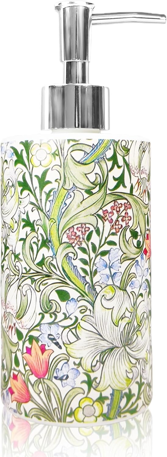 Greenery Floral Soap Dispenser Vintage William Morris Glass Dispenser with Silver Pump Refillable Botanical Liquid Soap Container for Farmhouse Home Kitchen Bathroom Countertop Decor