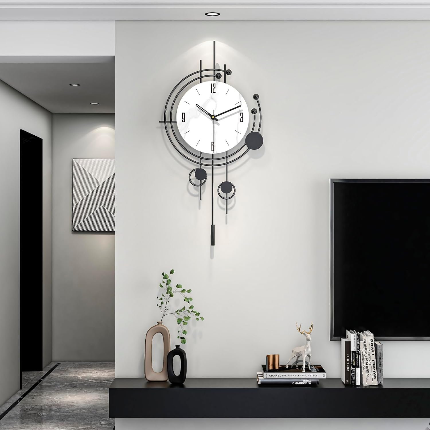 Modern Wall Clock for Living Room Decor Large Decorative Metal Wall Clock with Pendulum 14 Inch Big Black Silent Unique Clock Battery Operated Non Ticking for Kitchen Office Bedroom