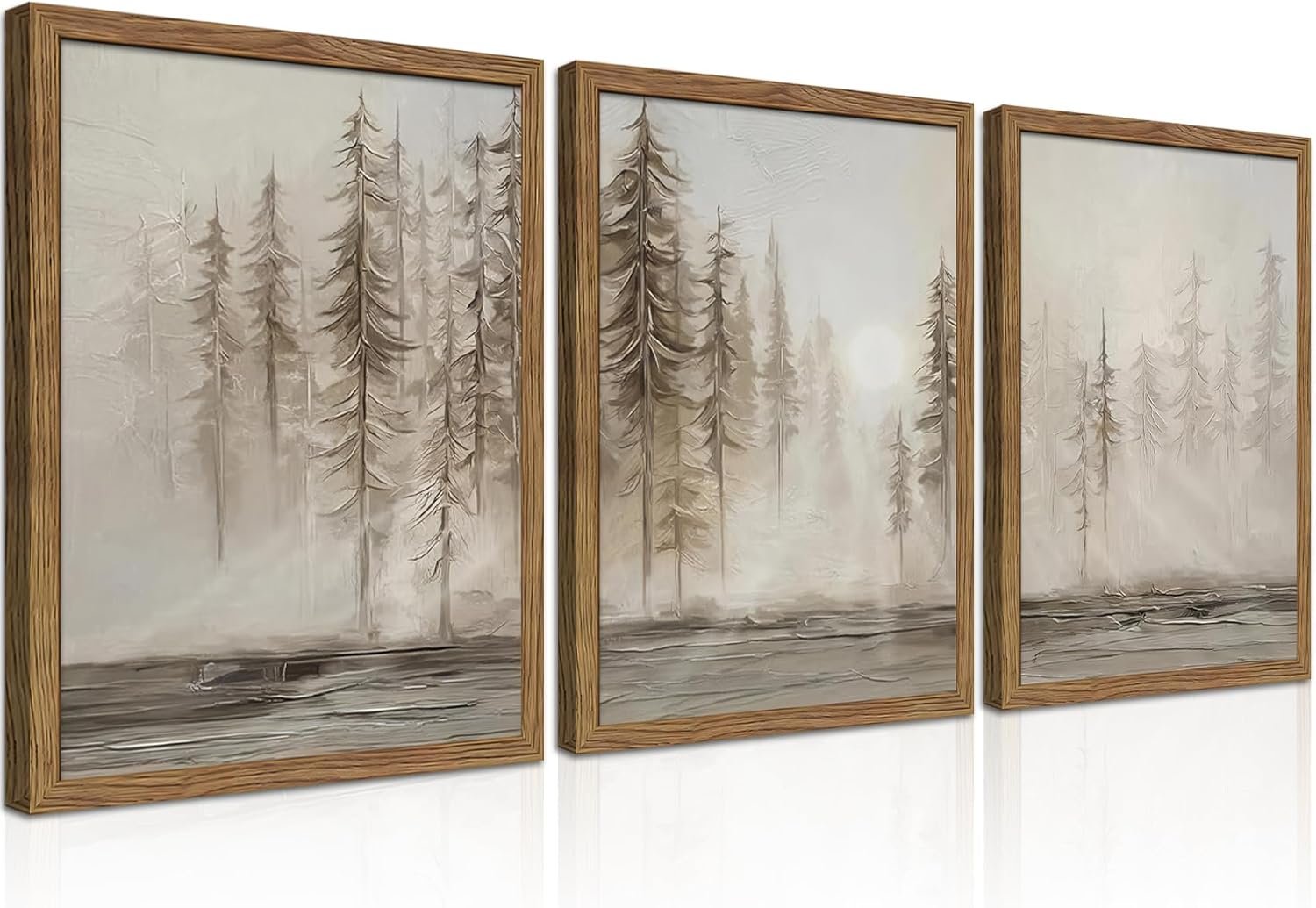 Framed Forest Wall Art Set of 3, Vintage Neutral Tree Canvas Wall Decor Paintings, Abstract Nature Landscape Artwork Pictures Prints for Living Room Office Bedroom 12×16 Inch