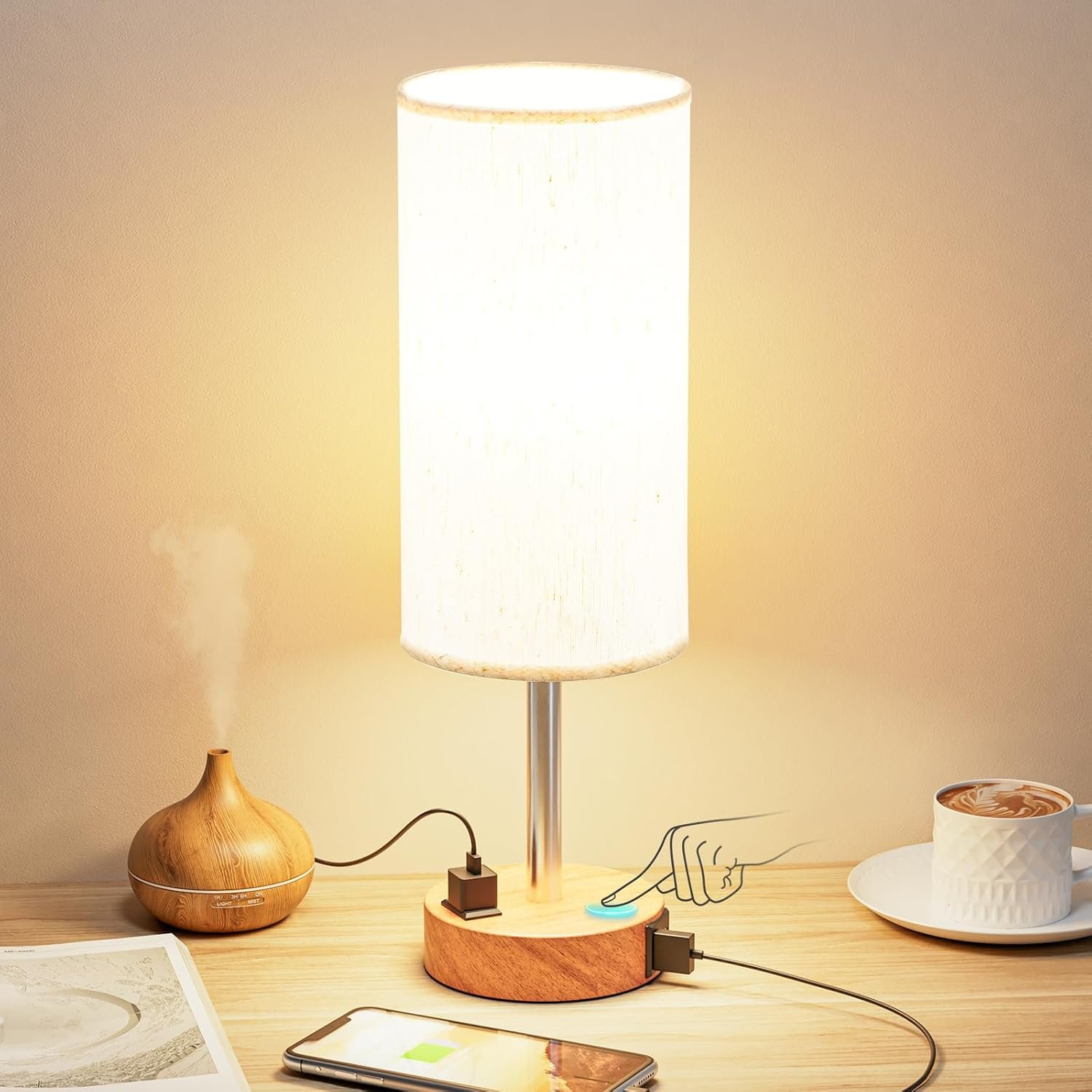 Fenmzee Bedside Table Lamp for Bedroom – 3 Way Dimmable Touch Lamp USB C Charging Ports and AC Outlet, Small Lamp Wood Base Round Flaxen Fabric Shade for Living Room, Desk, LED Bulb Included