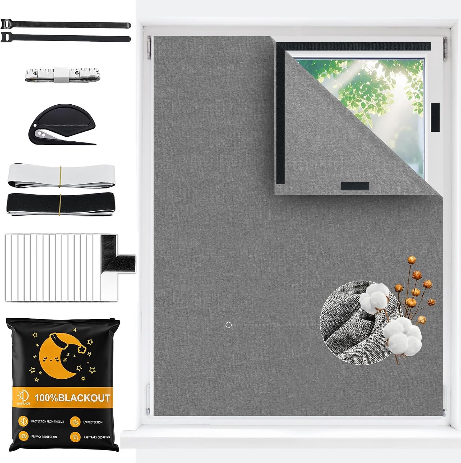 100% Blackout Curtains for Bedroom, [Upgraded] Cotton Black Out Window Cover, No Drill Sticky Blackout Shades for Travel, Portable DIY Window Blinds for Nursery, Media Room, RV, Skylight Dorm 79×59 in
