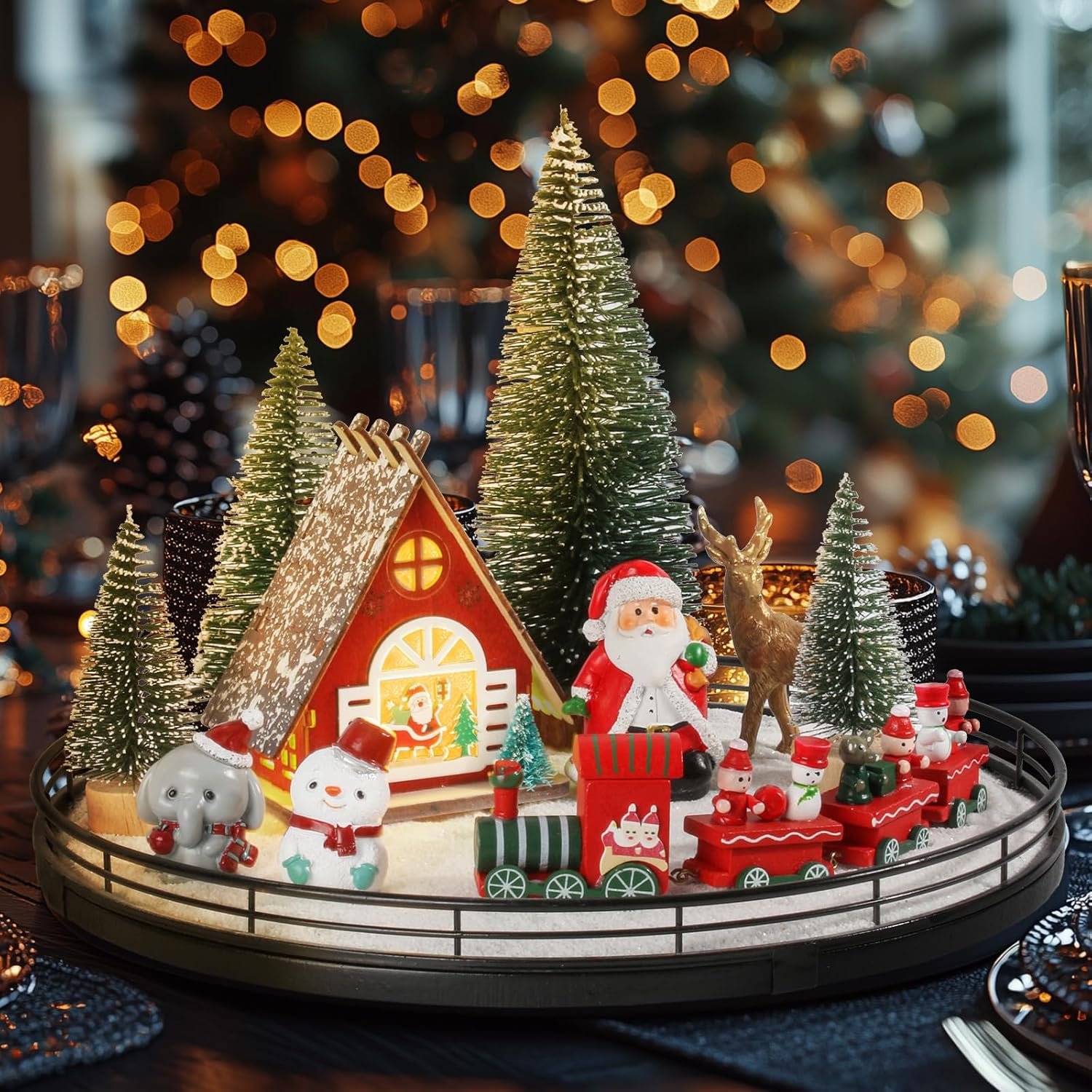 Oroyutor 12 Pcs Christmas Village Set – 13″ Oak Wooden Lazy Susan with Santa Train, House & Trees – Indoor Christmas Centerpiece Decor for Holiday Coffee Table, Dining Table, or Mantel Decor