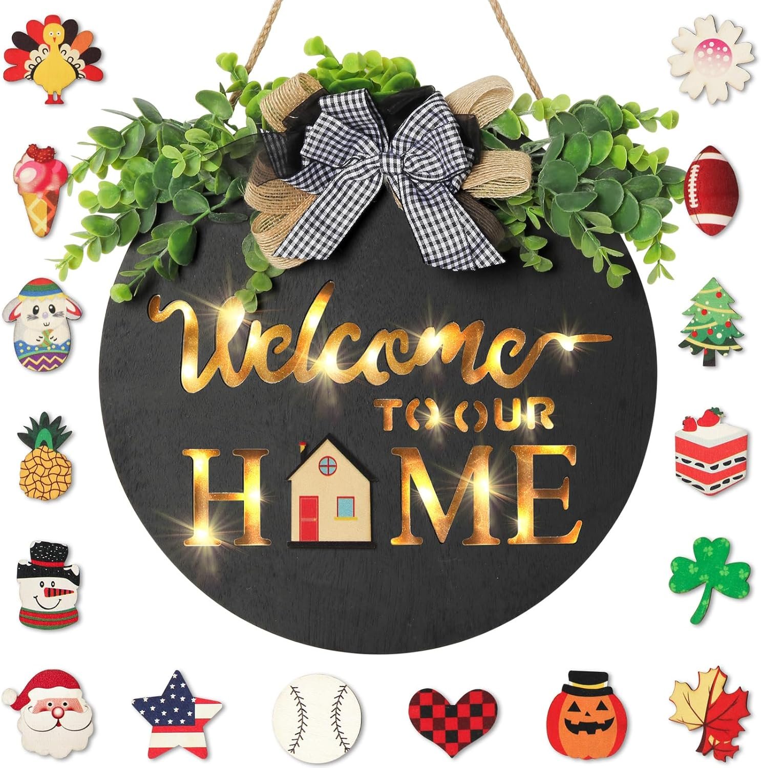 MIPON Interchangeable Welcome Sign for Front Door with LED Light, 17 Changeable Icons 3D Letters, Farmhouse Seasonal Porch Decor Hanging Sign for All Seasons Holiday Decor(Black)