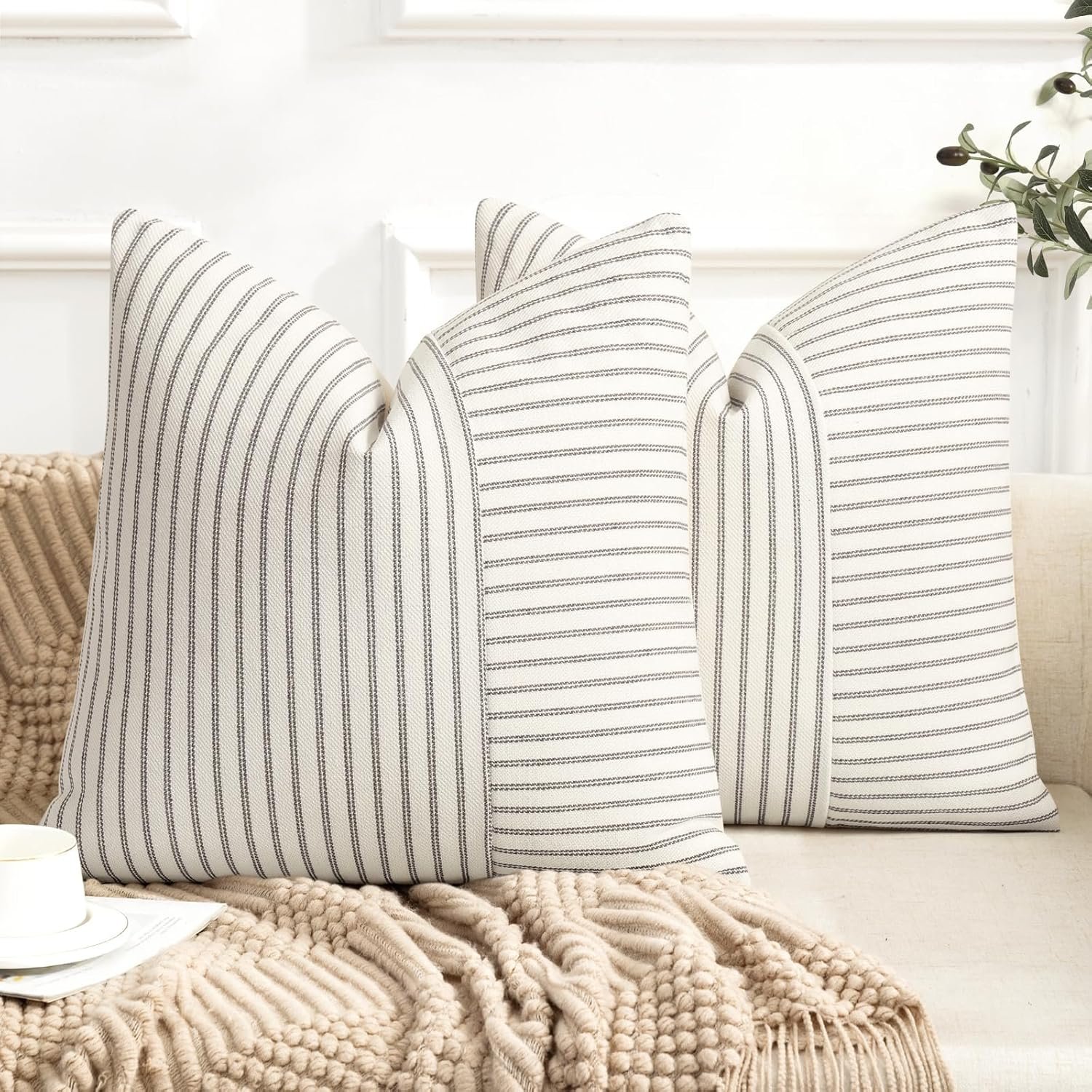 YCOLL Farmhouse Pillow Covers 18×18, Modern Accent Square Throw Pillow Covers Set of 2, Gray and Beige Striped Patchwork Linen Decorative Pillows Cushion Covers for Couch Chair Bedroom Home Decor