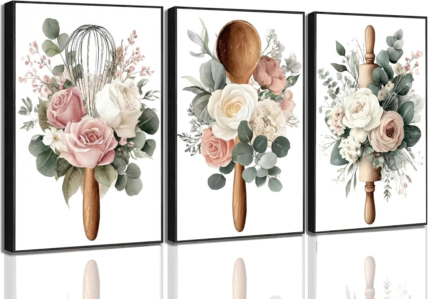 3 Pcs Sage Green Farmhouse Kitchen Canvas Wall Art Minimalist Dining Room plant Pink Flowers Painting Pictures Wall Decor Poster Print Artwork For Dining Room kitchen Cafe Home Decoration Unframed