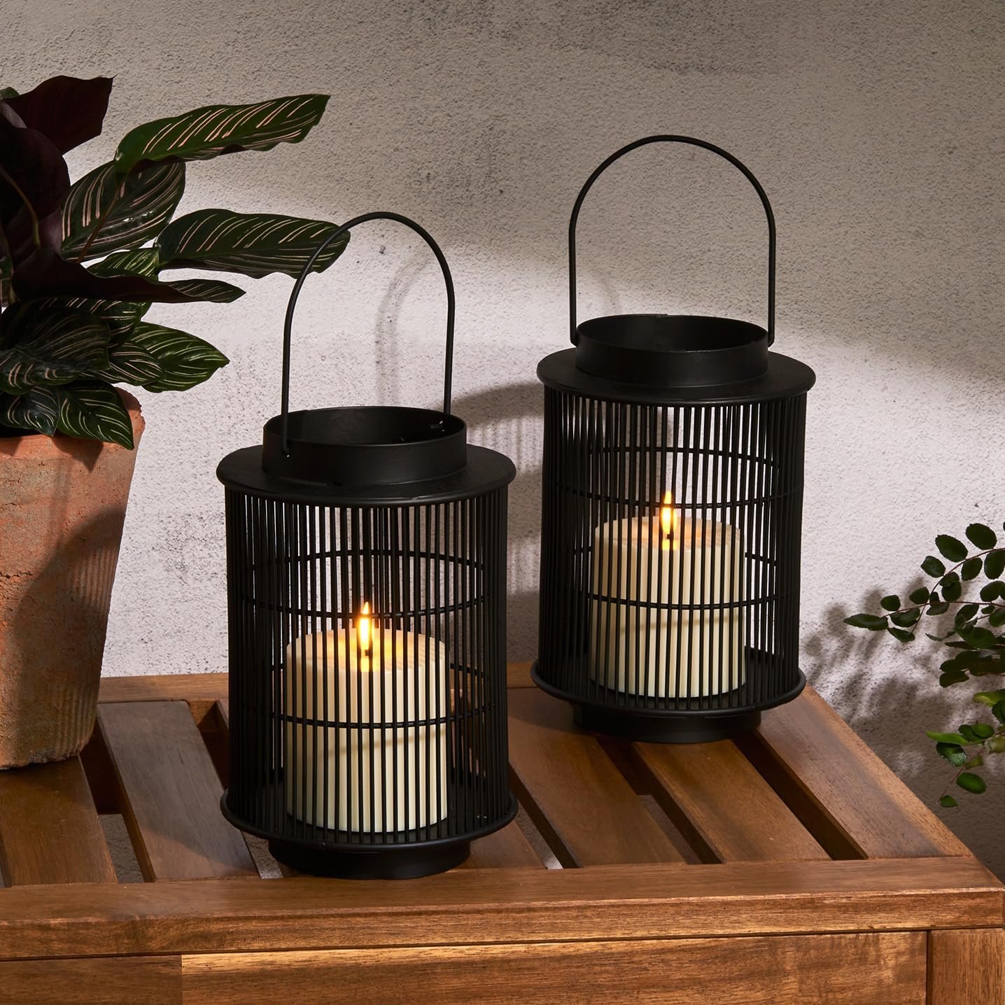 LampLust Outdoor Lanterns Decorative Spring Patio Decor, Set of 2, 8 Inch Black Metal Candle Lanterns, Battery Operated LED with Timer, Front Porch, Spring Outdoor Decorations, Modern Farmhouse Decor