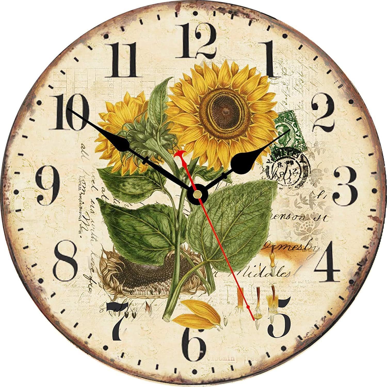 TAHEAT Vintage Floral Wall Clock, Yellow Summer Sunflower Kitchen Decor and Accessories, Decorative Battery Operated Clocks for Living Room Bedroom Bathroom Farmhouse, 12 Inch