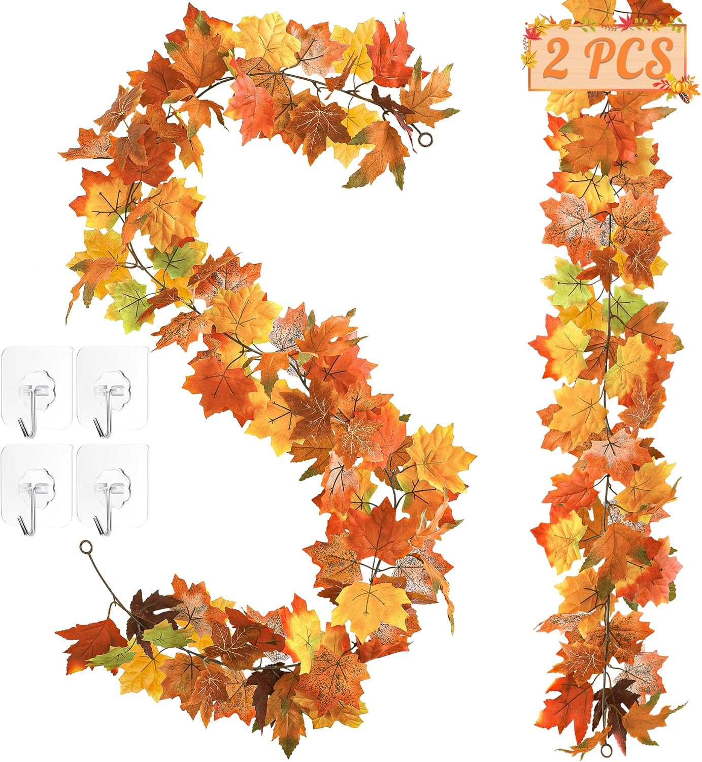 Helimoto 11.8FT Fall Garland 2 Pack for Mantle, Home & Indoor Decorations, Thanksgiving Decor, Autumn Garland for Outdoor Display Orange