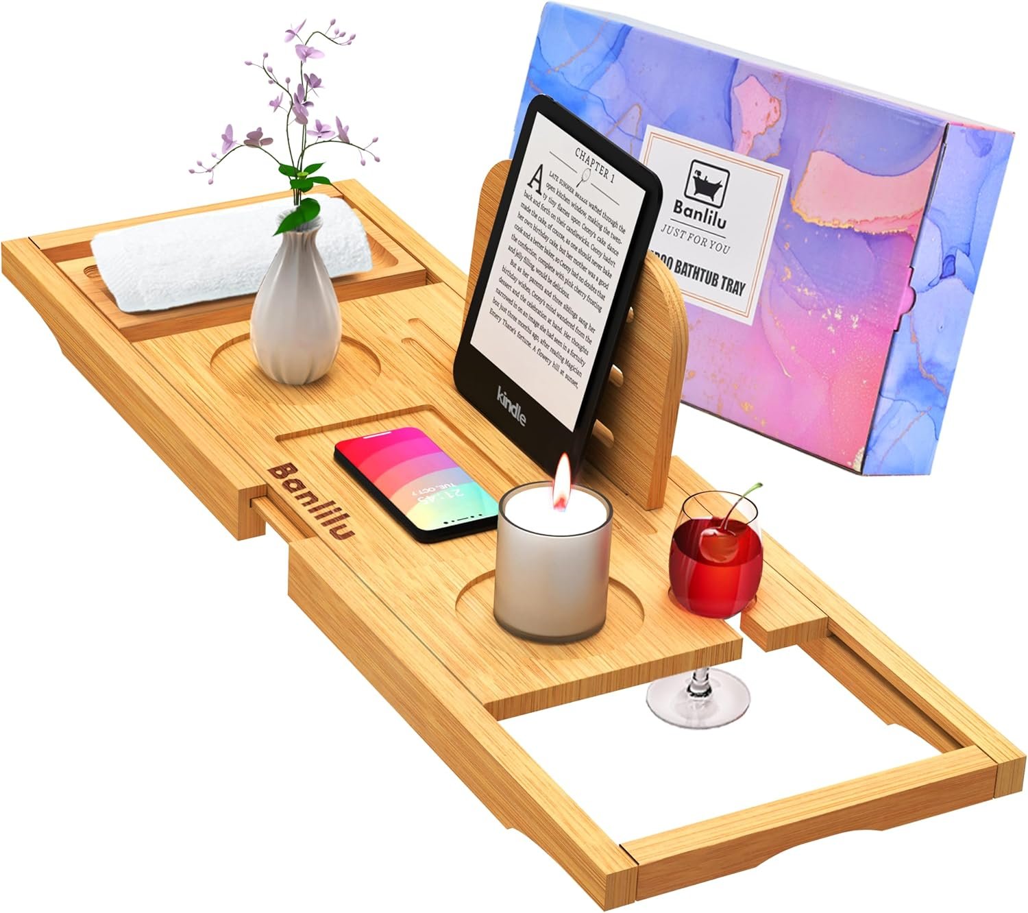 Banlilu Bathtub Tray – Bath Tray Expandable – Bath Tub Tray Table for Bathtub, Ajustable Size, Fits Most Tubs