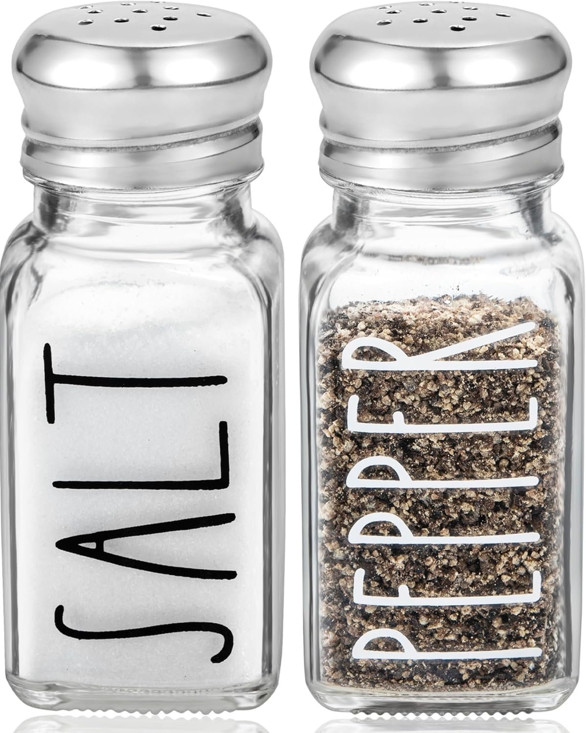 Clear Glass Salt and Pepper Shakers Set by Brighter Barns – Modern Kitchen Decor for Home Restaurant BBQ Camping RV – Farmhouse Kitchen Accessories – Glass Shakers & Stainless Steel Lids (Clear)