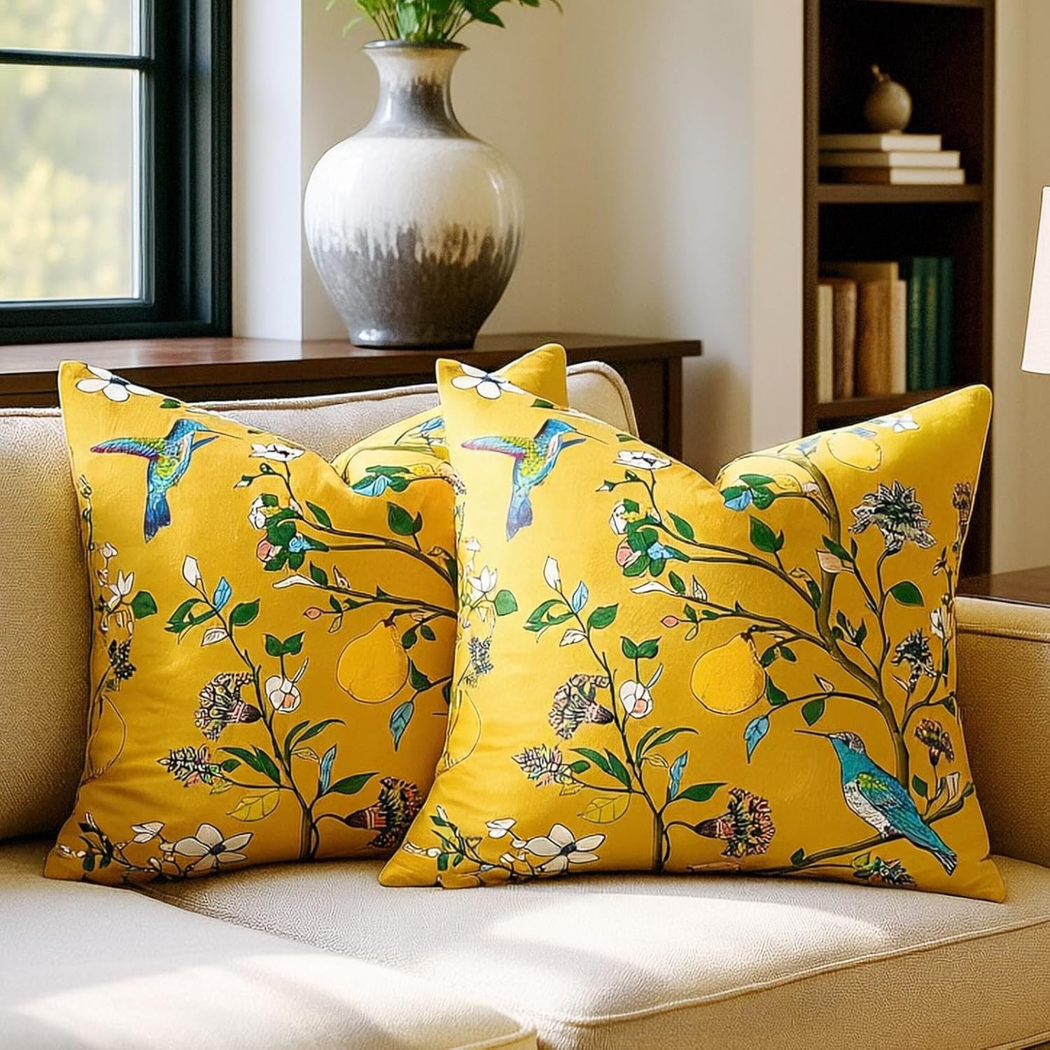 Mustard Yellow Floral Pillow Covers 18×18 Set of 2, Velvet Wild Flower Plant Throw Pillows Case, Square Farmhouse Decor Cushion Covers for Home Sofa Bed Couch