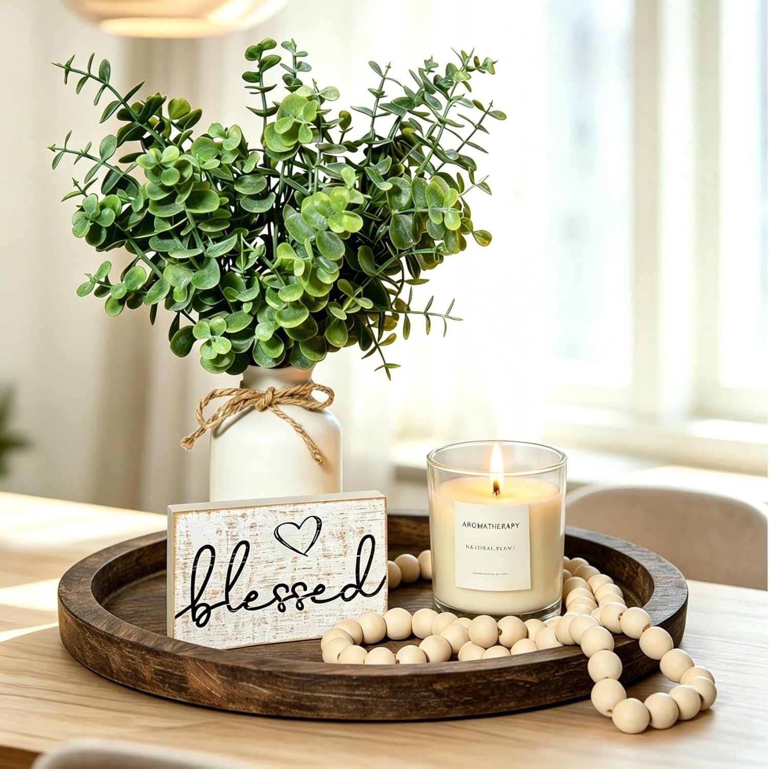 Rustic Modern Farmhouse Decor Set of 6 for Your Living Room, Kitchen Counter, Home or Table Centerpieces Room Decor, Wood Round Decorative Tray Gifts for Women Men (Farmhouse Set of 6)