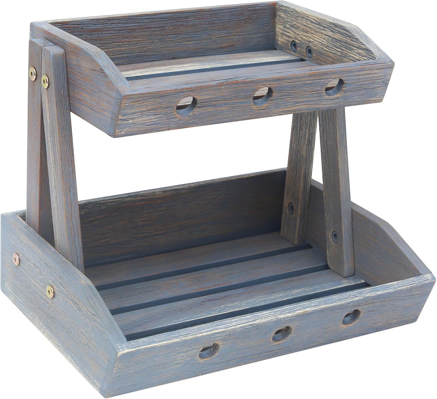 2-Tier Wooden Fruit Basket, Vertical Slanted Stand for Kitchen Counter, Rustic Grey Finish Produce and Vegetable Storage