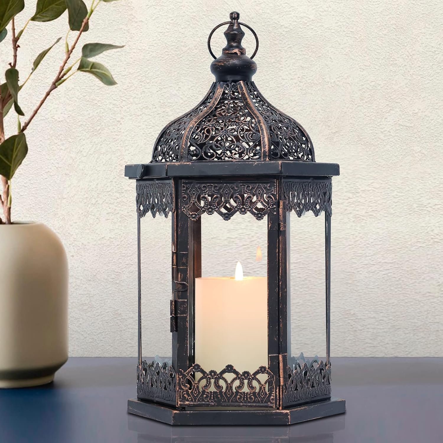 NEEDOMO Lanterns Decorative Indoor, 14.8” Vintage Outdoor Lantern with Clear Glass, Metal Candle Holder for Front Porch, Patio, Wedding, Party, Home Kitchen Coffee Table Livinig Room Decor