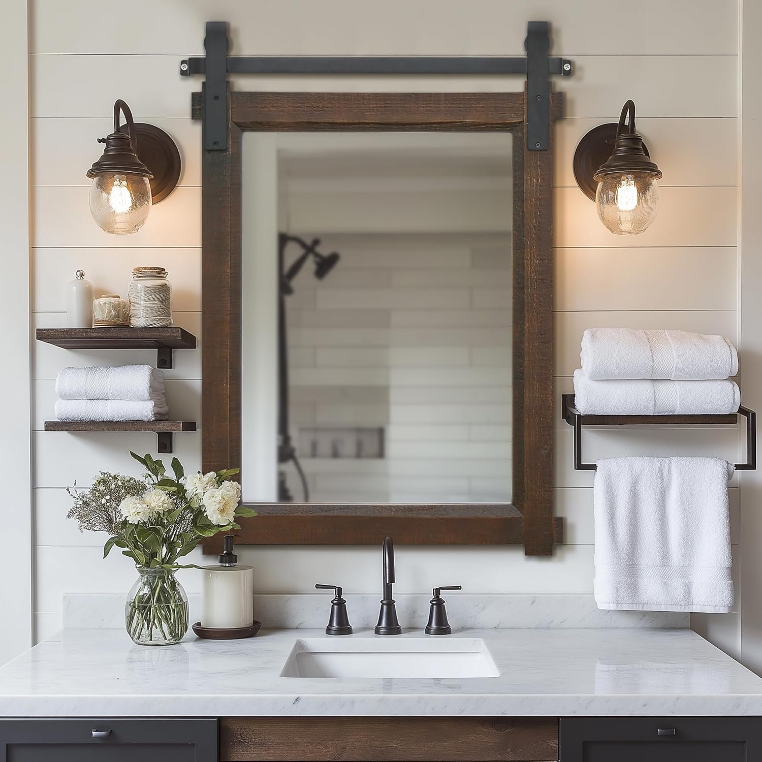 Besdomus Rustic Bathroom Wall Mirror: 22″x30″ Brown Barn Door Solid Cedar Wood Frame Vanity Mirror – Farmhouse Decor for Hallway/Living Room/Bathroom Renovation – Wall Decor for Fashion-Conscious