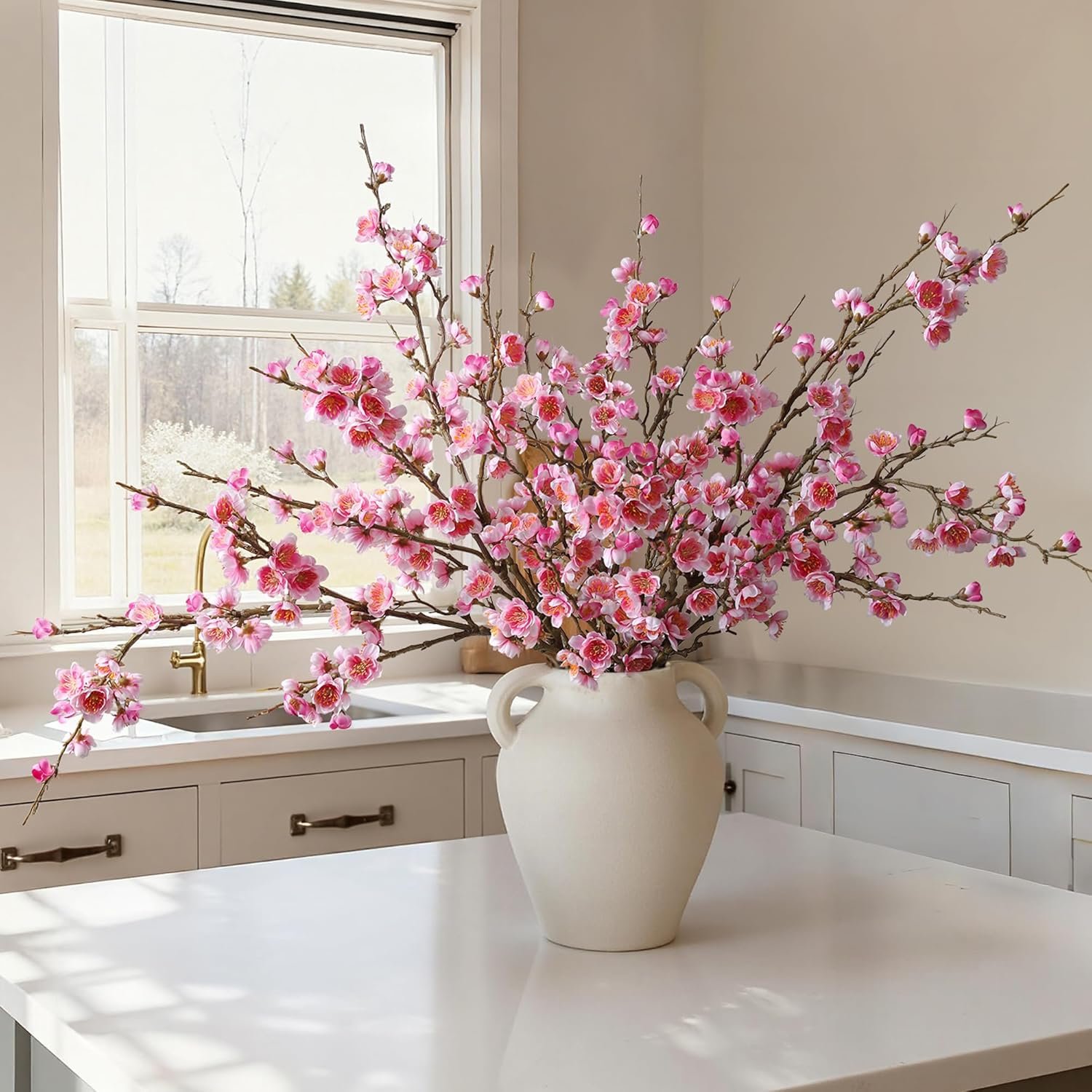 florisso 6 PCS Artificial Cherry Blossom Branches Spring Indoor Decoration, Faux Flowers 34.45″ Long Stems Plum Fake Peach Plants Real Touch Silk for Wedding Home Bedroom Party Table Office, Pink