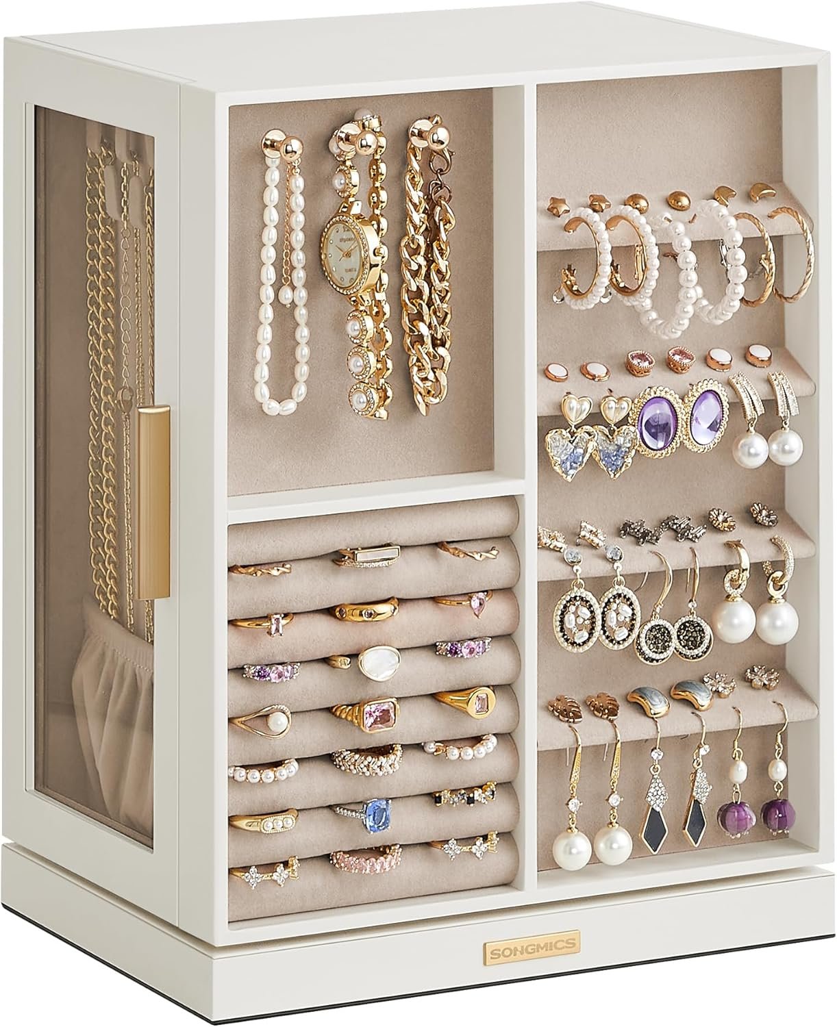 SONGMICS Jewelry Box 360° Rotating, Jewelry Storage Case with 5 Drawers, Jewelry Organizer, Glass Window, Spacious, Vertical Jewelry Storage, Open Design, Great Gift, Cloud White UJBC170W01
