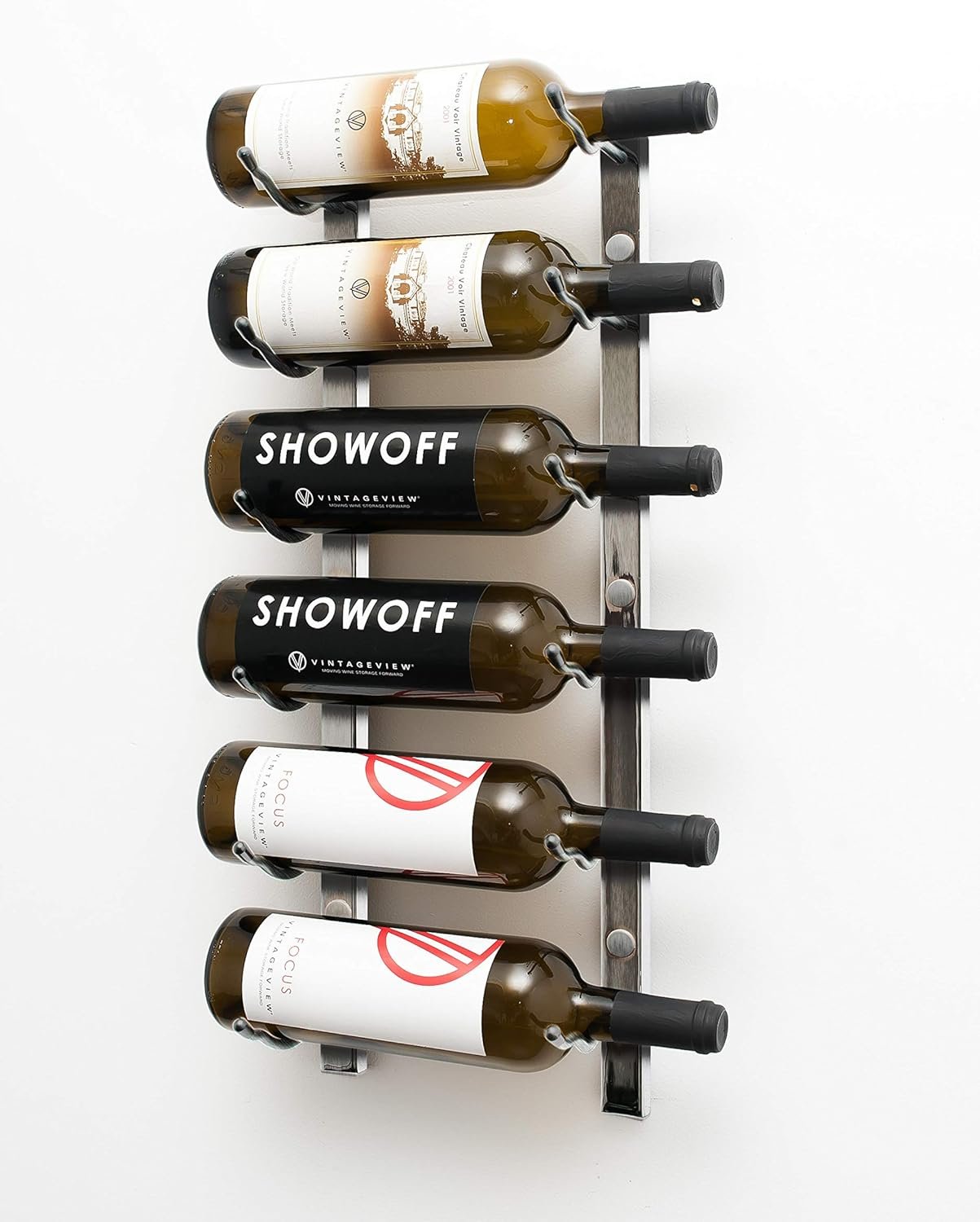 VintageView W Series Wine Rack 2 – Single Bottle Depth, Metal Wall Mounted Wine Rack – Modern, Easy Access Wine Storage – Space Saving Wine Rack with 6 Bottle Storage Capacity (Brushed Nickel)