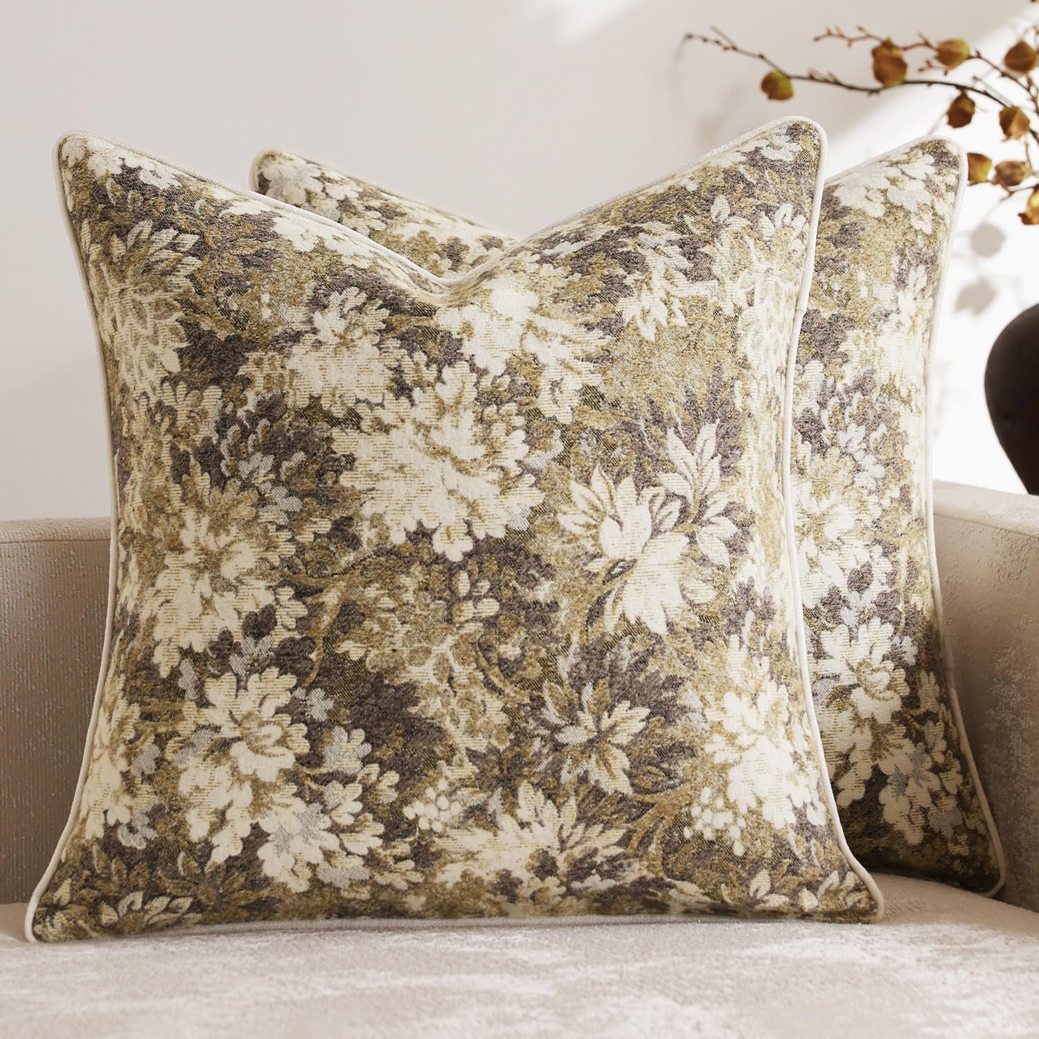 DEZENE Pack of 2 Vintage Floral Throw Pillow Covers 16×16 Boho Farmhouse Accents Chenille Square Decorative Pillow Cases for Living Room Couch Bed Home Decor, Beige