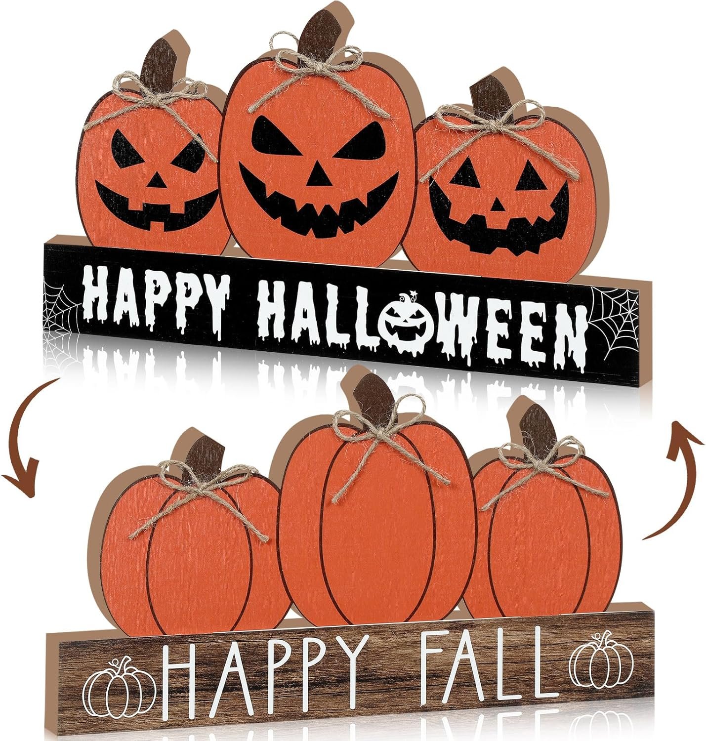 Reversible Fall Wooden Table Sign Double Side Halloween and Thanksgiving Tabletop Pumpkin Sign Decor Happy Fall Wood Block Tiered Tray Decor for the Home Shelf Party