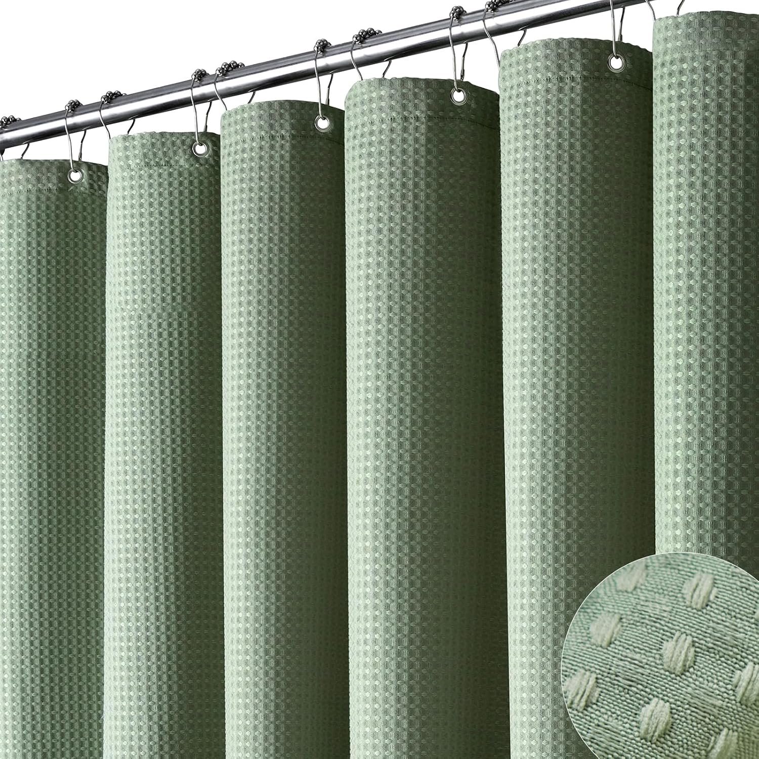 Dynamene Sage Green Shower Curtain – Waffle Textured Heavy Duty Thick Fabric Shower Curtains for Bathroom, 256GSM Luxury Weighted Polyester Cloth Bath Curtain Set with 12 Plastic Hooks，72Wx72H,Green