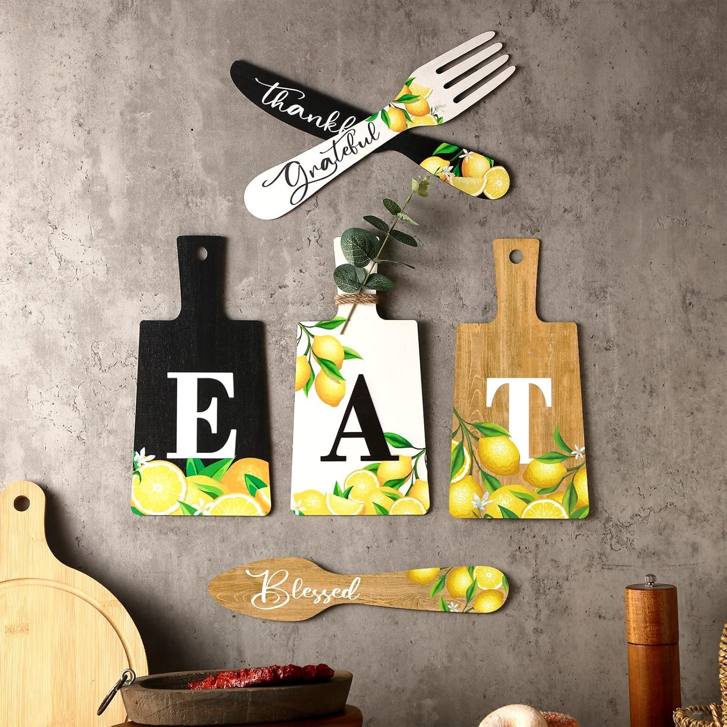 Qunclay 6 Pcs Lemon Wall Decor for Kitchen Lemon Cutting Board Eat Sign Set Fall Hanging Art Kitchen Eat Sign Accessories Knife Fork Spoon Decoration Rustic Primitive Farmhouse(Black, White, Brown)