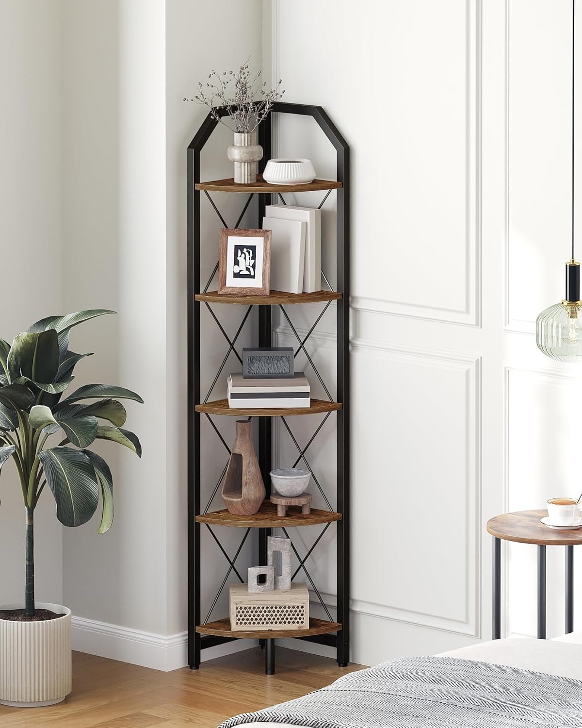CHOEZON 59.4″ Corner Shelf, 5-Tier Industrial Corner Bookshelf, Corner Storage Stand, Plant Stand Display Shelf, Bookcase for Bedroom, Living Room, Home Office, Rustic Brown and Black TCJ10BF