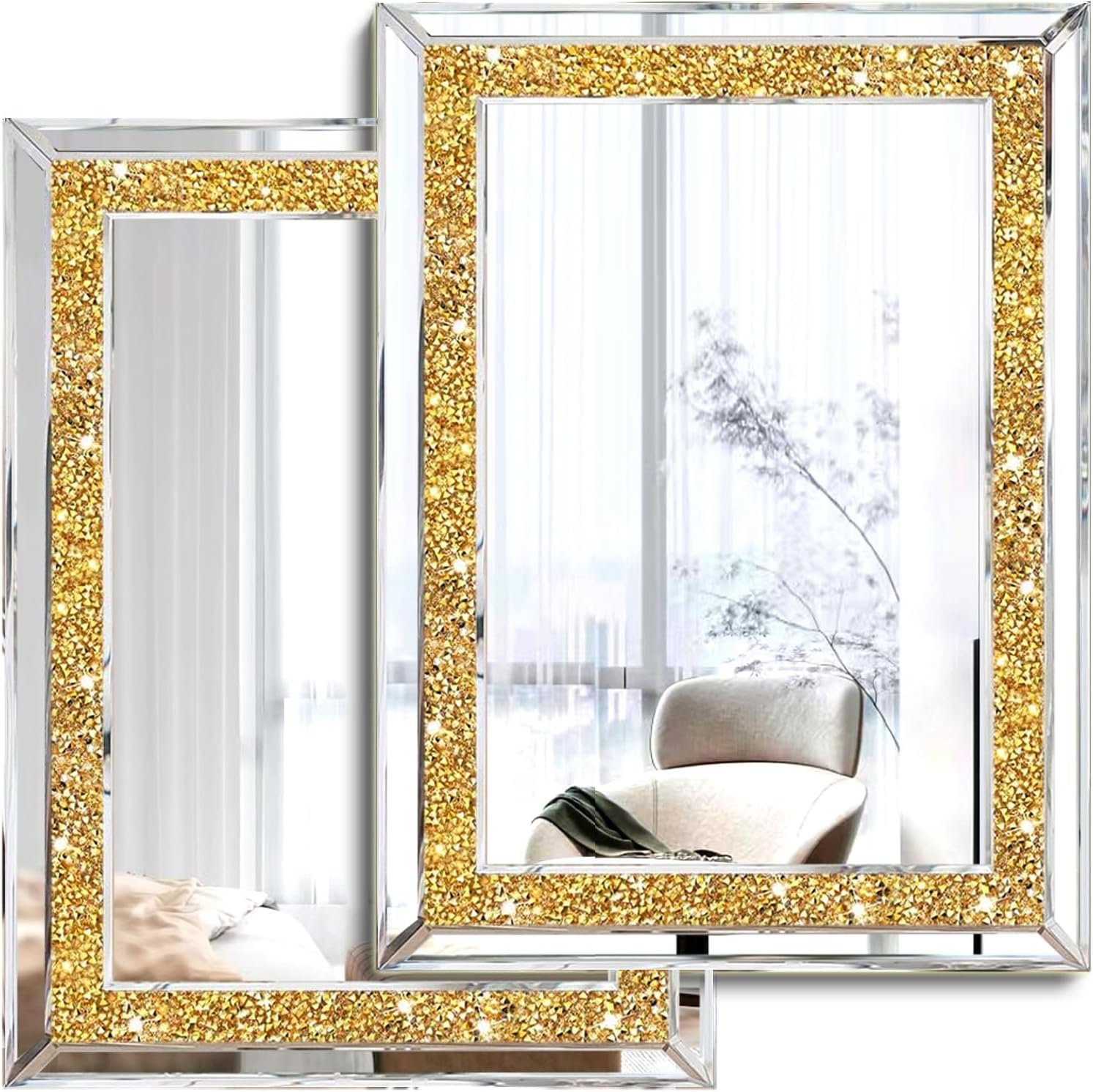 2 Piece Wall Mirrors, Crush Diamond Wall Decor, Gold Color Decorative Mirrors for Living Room, Bedroom, Bathroom. (11’x15′)