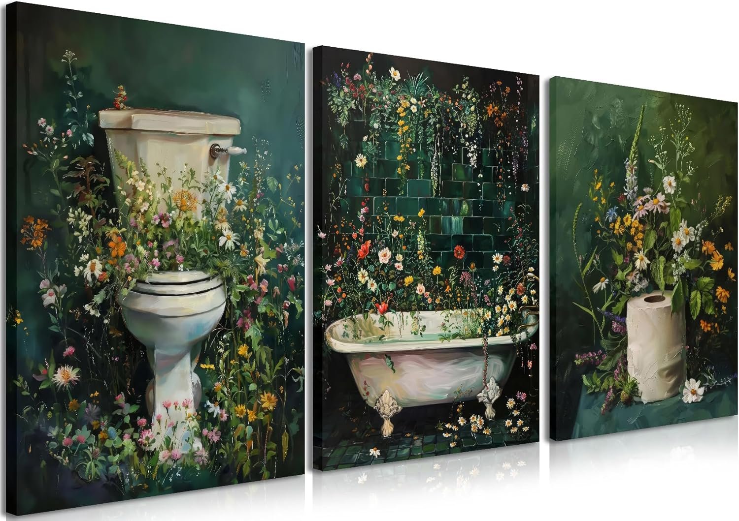 Framed Vintage Floral Bathroom Wall Art Set of 3, Dark Green Moody Flower Canvas Prints, Rustic Cottagecore Wildflower Paintings for Toilet Restroom Home Decor 12×16 inch