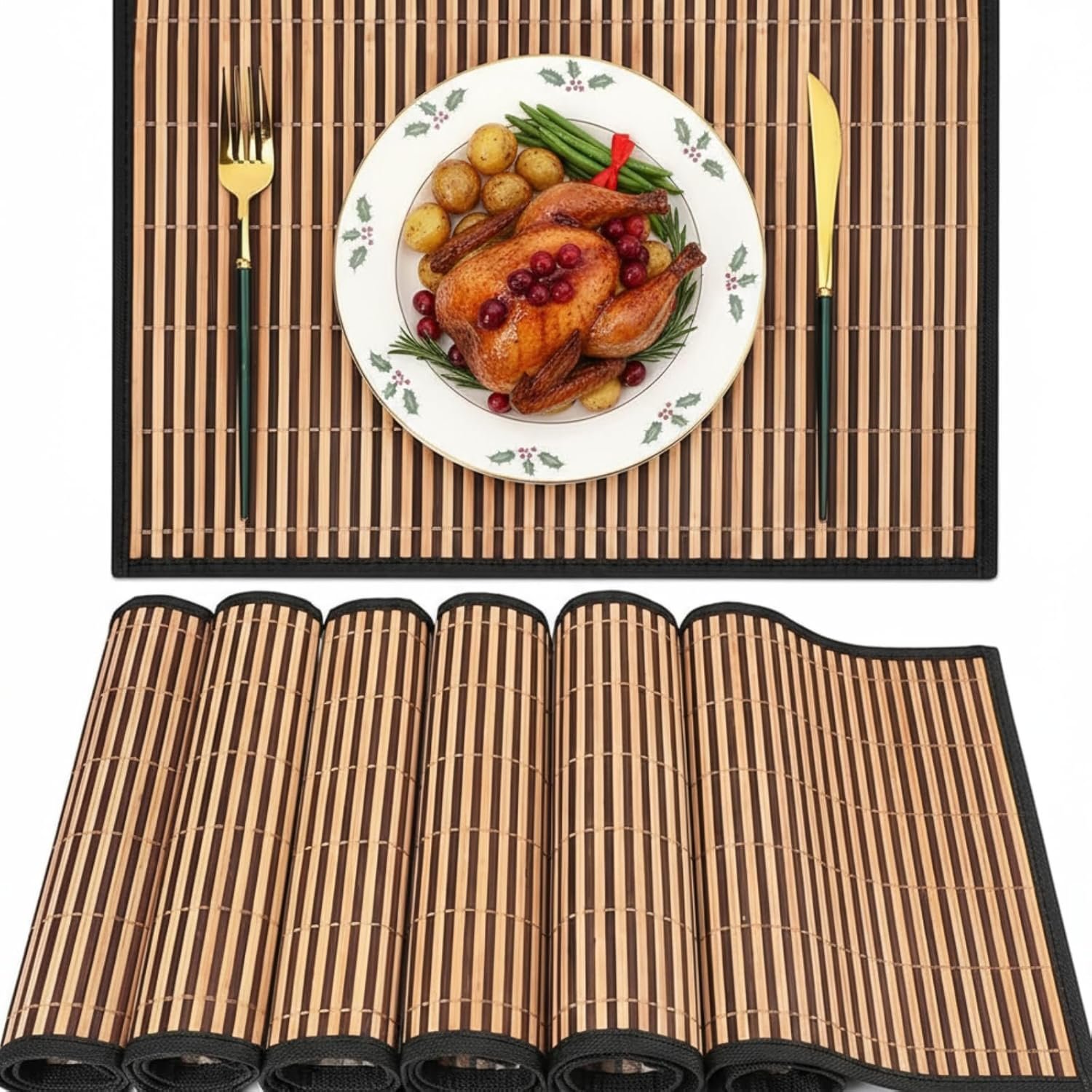Pickmesh Bamboo Placemats Set of 6, Bamboo Table Mats Set with Fabric Border,18” x 12” Woven Placemat, Japanese Style, Washable Heat Resistant Place Mats for Kitchen and Dining Room