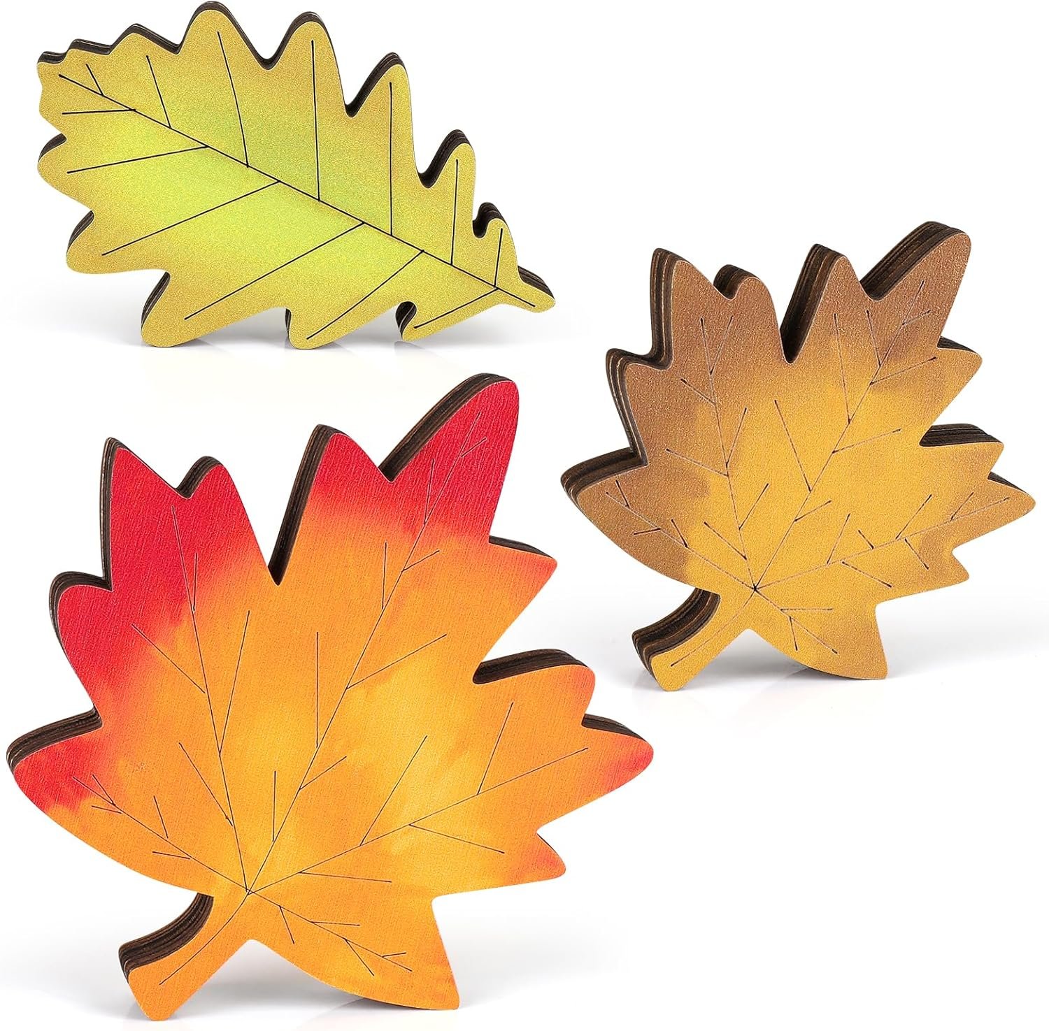 Thanksgiving Decorations for Home – 3 Pcs Fall Rustic Maple & Oak Leaf Wooden Table Decor, Autumn Farmhouse Signs for Mantel, Shelf, Tiered Tray