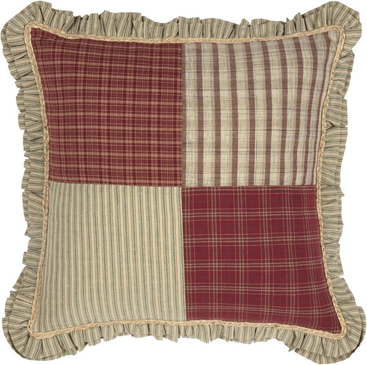 VHC Brands Farmhouse Brick Red Patchwork Cotton Prairie Winds Bedding Patchwork Rope Square Pillow (Pillow Cover, Pillow Insert)