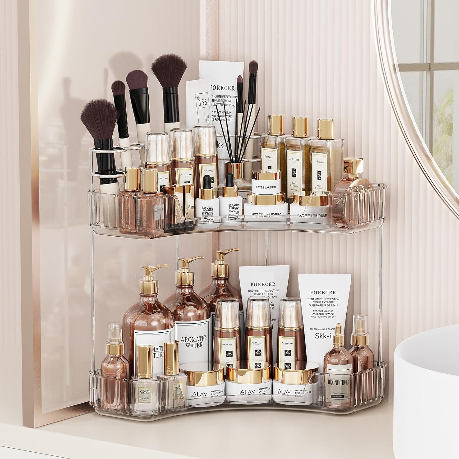 Asayuee 2-Tier Corner Bathroom Counter Organizer with Top Toothbrush Holders,Large Makeup Organizer Countertop with Brush Holder,Skincare Organizers Corner,Exquisite Vanity Organizer(Clear, 2 Tier)