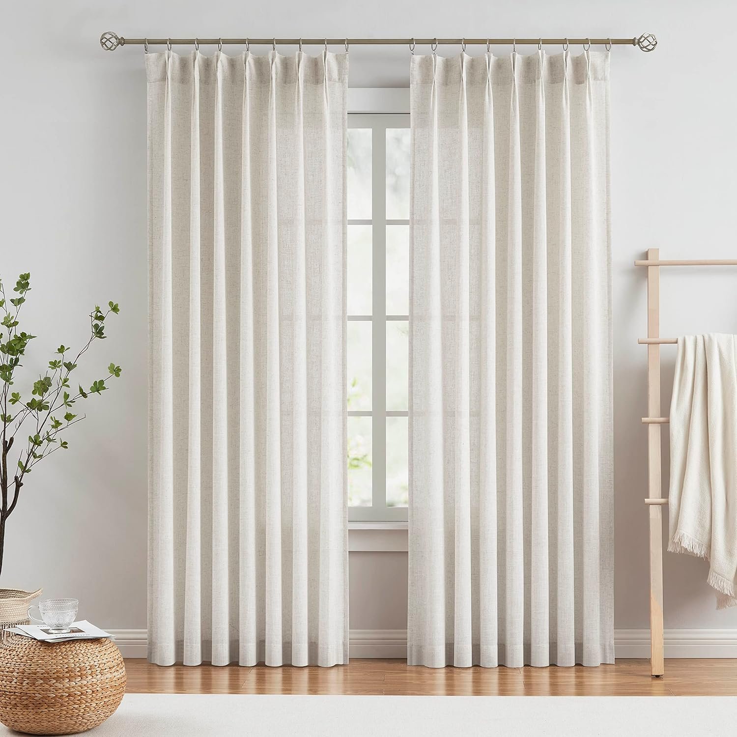 Vision Home Natural Pinch Pleated Semi Sheer Curtains Textured Linen Blended Light Filtering Window Curtains 84 inch for Living Room Bedroom Pinch Pleat Drapes with Hooks 2 Panels 42″ Wx84 L