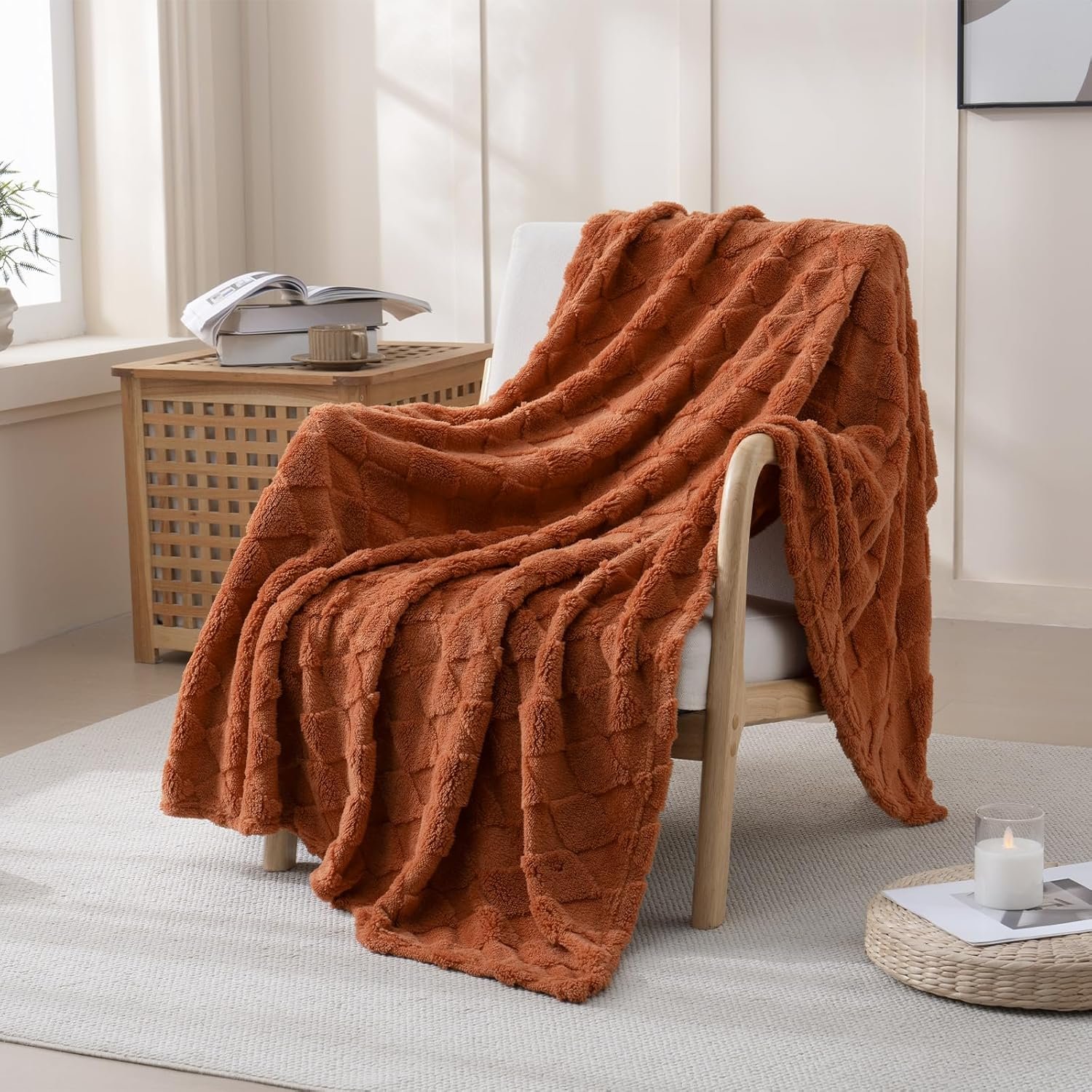 Burnt Orange Throw Blanket for Couch Sofa Bed 50×60 inches,Fleece Blankets Microfiber Flannel with Diamond Checkered Pattern Lightweight Plush Soft Cozy Gifts for Women Mom Girls