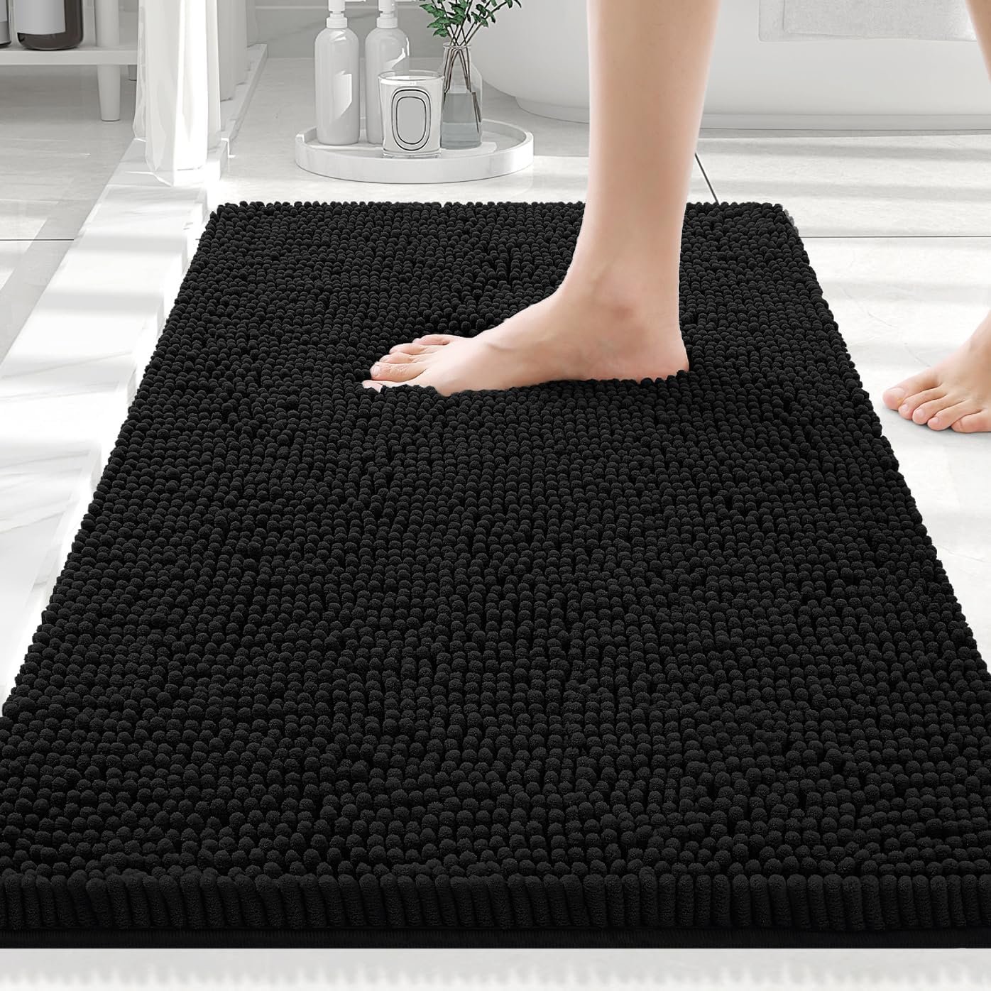 Smiry Luxury Chenille Bathroom Rugs 30×20, Extra Soft and Absorbent Shaggy Bath Mat, Machine Washable, Non-Slip Plush Carpet Runner for Tub, Shower, and Floor, Home Decor Accessories, Black