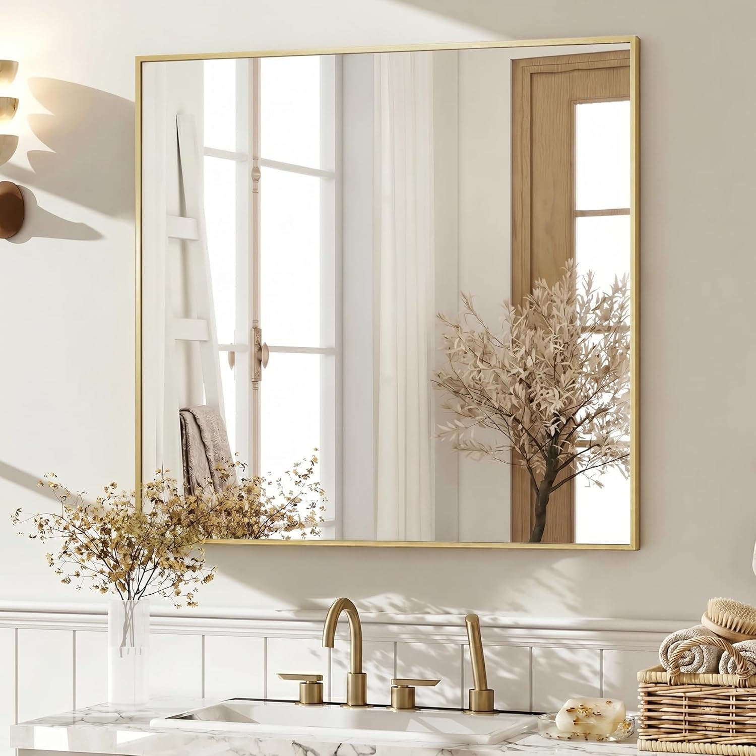 30″ x 30″ Gold Square Wall Mirror, Metal Framed Accent Decor, Boho Chic Bathroom Mirror for Vanity & Bedroom, Vintage Brass Tone