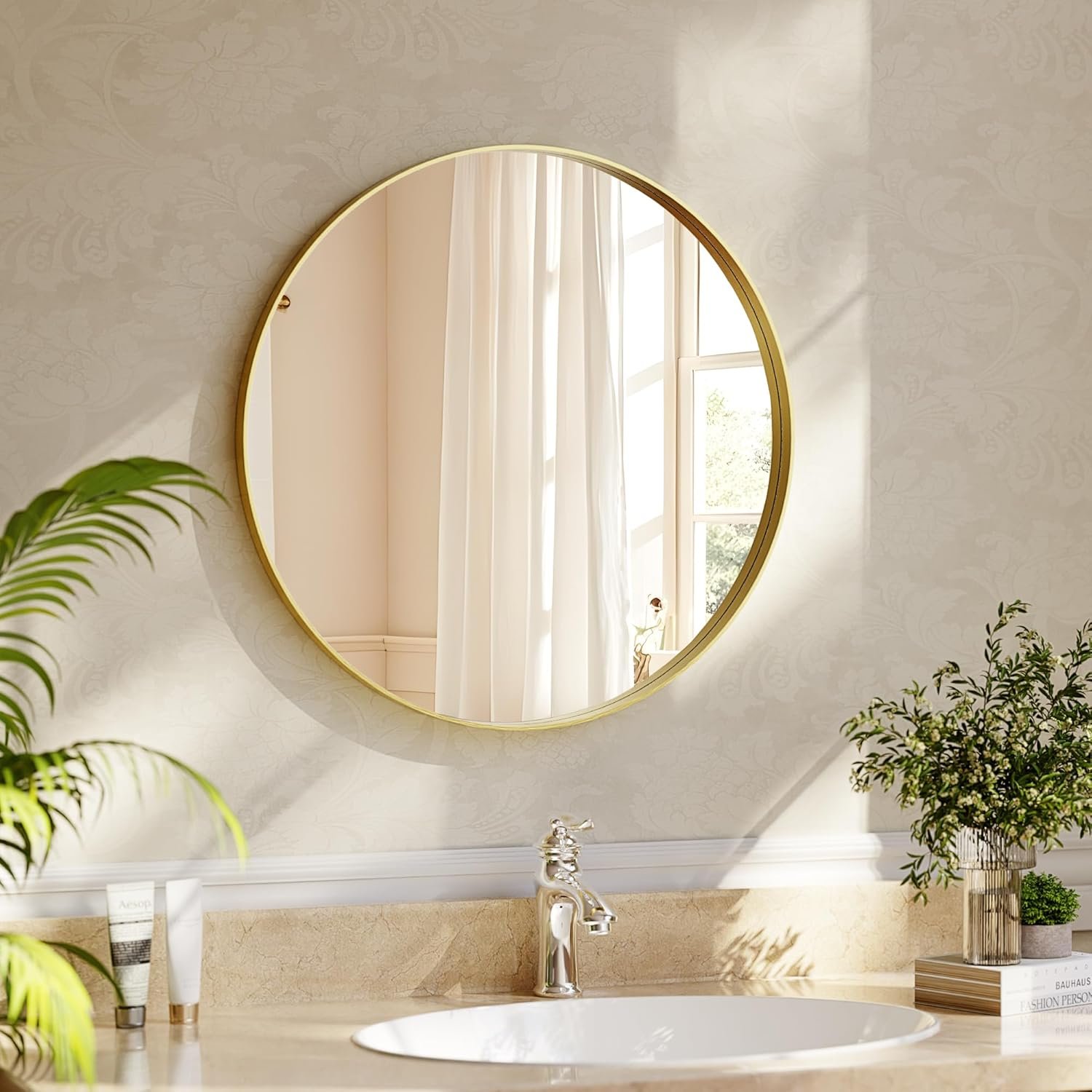 24 inch Round Bathroom Mirror, Gold Metal Deep Frame Wall Mounted Circle Mirror for Wall Decor, Living Room, Vanity, Entryway, Hanging or Leaning