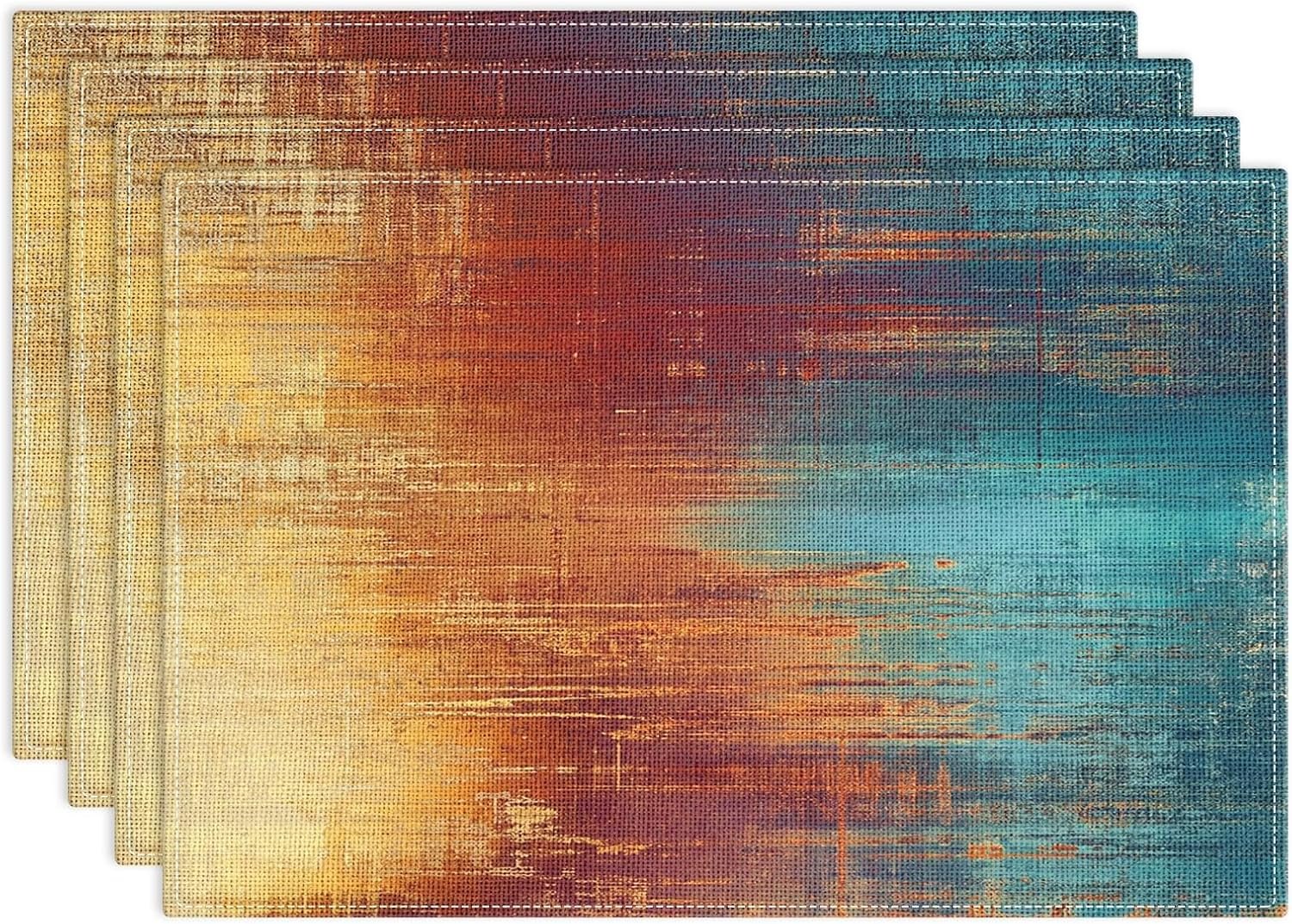 Emvency Farmhouse Placemats Set of 4, 12×18 Inch Blue and Orange Vintage Abstract Messy Rust Painting Table Mats for Outdoor Home Party Kitchen Dining Decoration