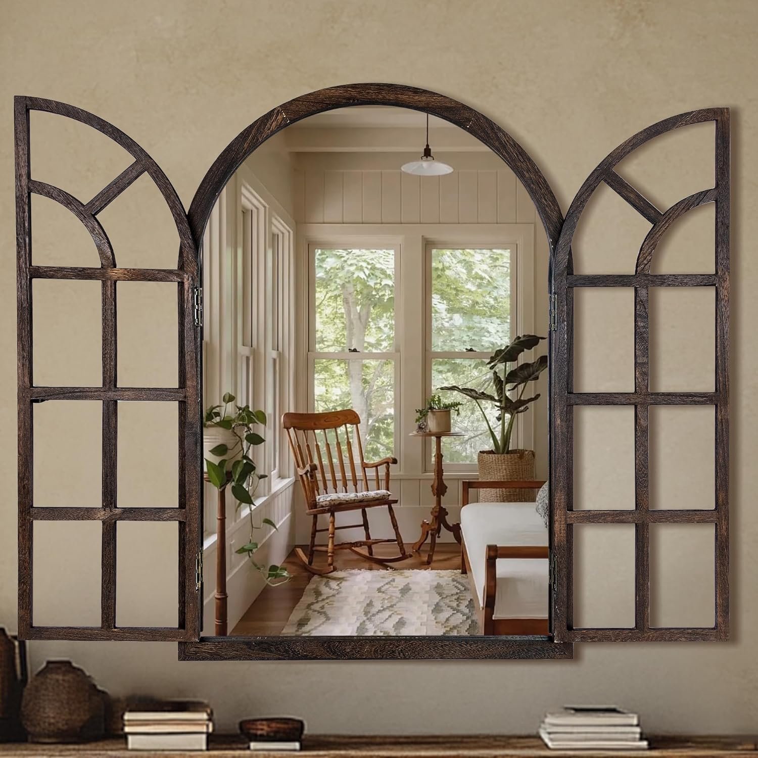 Arched Wall Mirror with Window Pane Design 36×24 Inch Rustic Farmhouse Wood Decorative Mirror for Living Room Bedroom Entryway