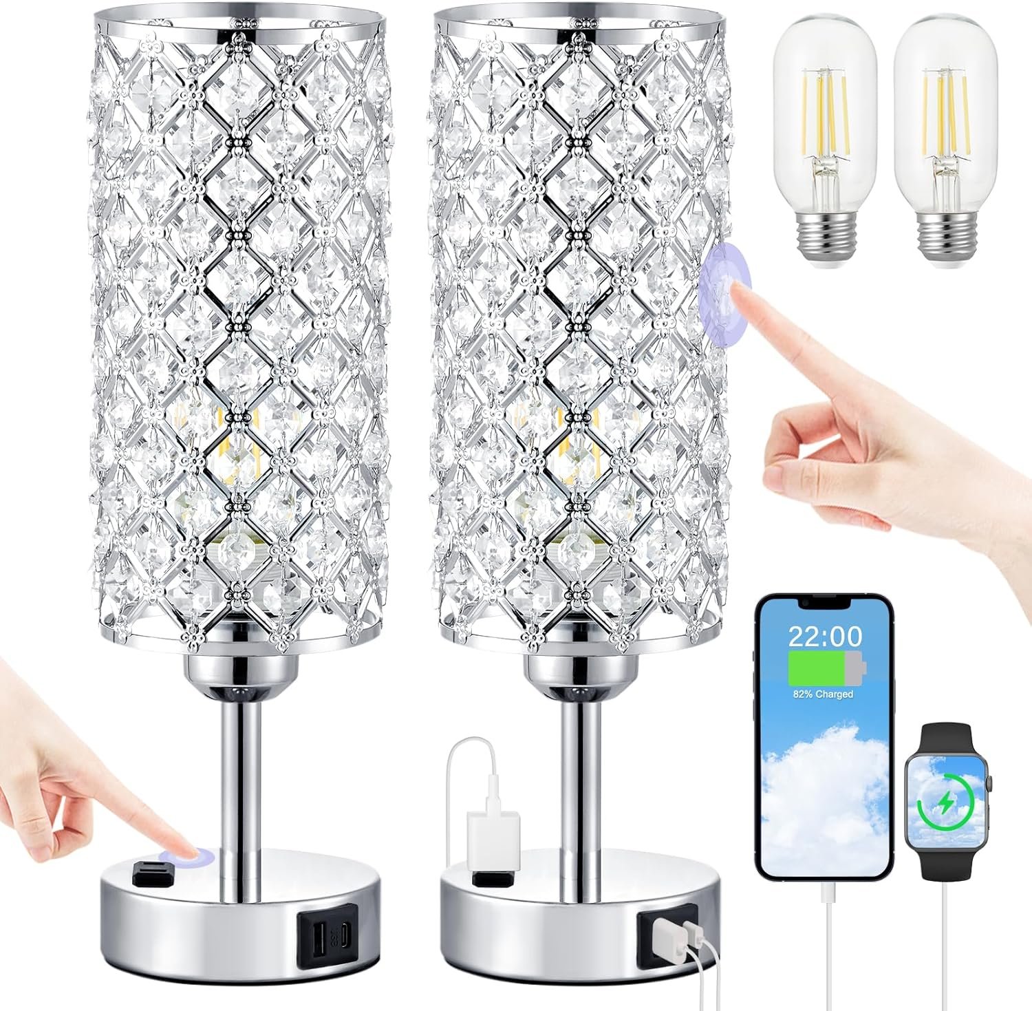 Hong-in Crystal Lamp Touch Control Set of 2, Sliver Crystal Table Lamps with USB C+A Ports & AC Outlet, 3-Way Dimmable Nightstand Touch Lamp, Modern Bedside Table Lamp for Bedroom(Bulbs Included)