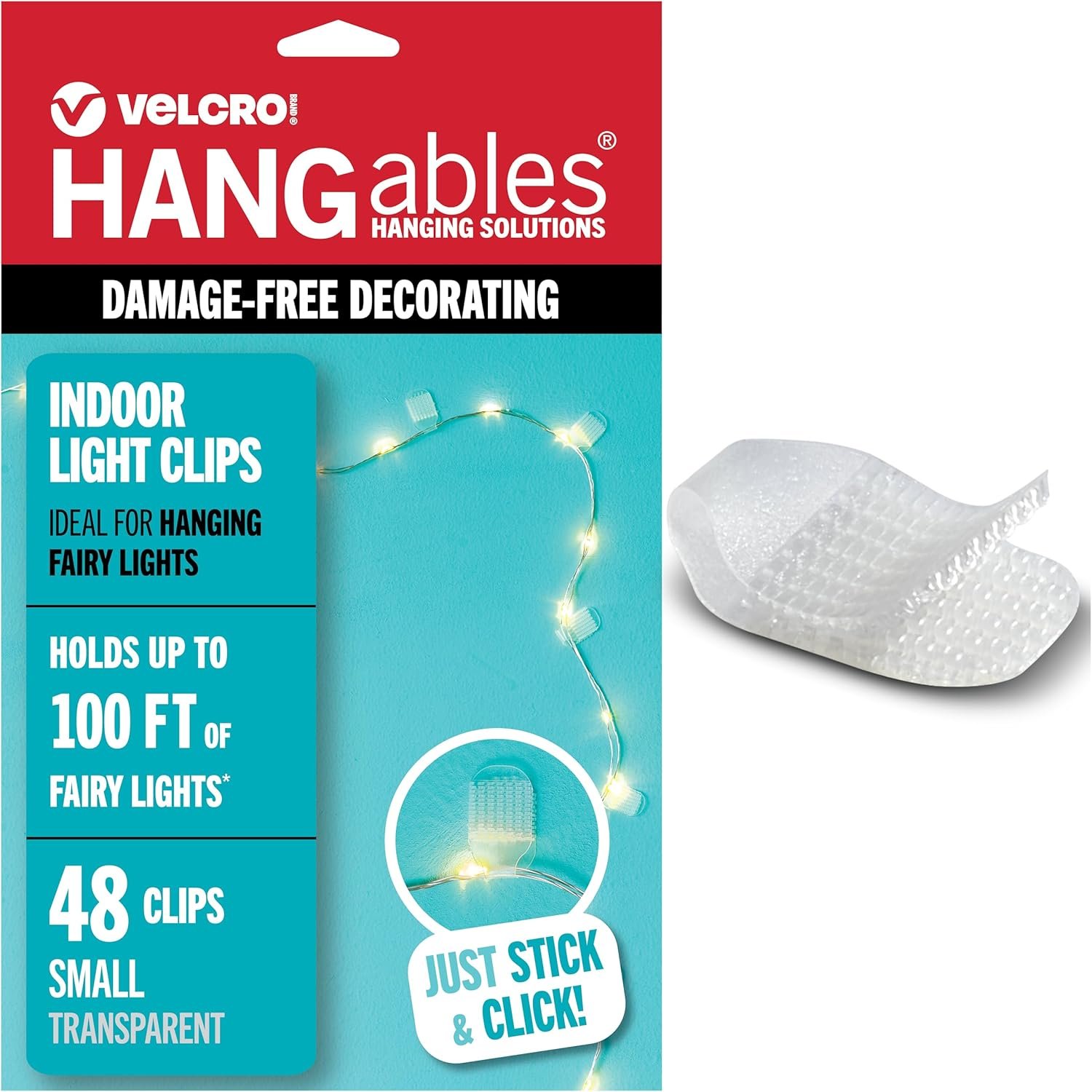 VELCRO Brand Indoor Light Clips for Hanging Fairy Lights and Twinkle Lights, Adhesive Transparent Wall Clips that Blend into Your Décor, Damage‑Free and Removable, Small 48 Pack